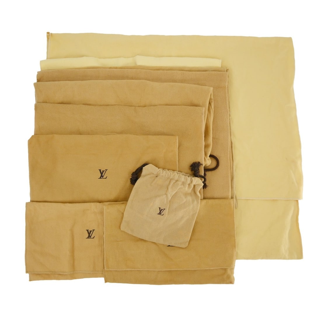 Louis Vuitton Brown Cotton Dust Bags Set of 10: Louis Vuitton Brown Cotton Dust Bags Set of 10 This is a set of 10 Louis Vuitton dust bags made from 100% cotton in brown and beige tones. Designed for unisex use, these dust bags are suitable for pro