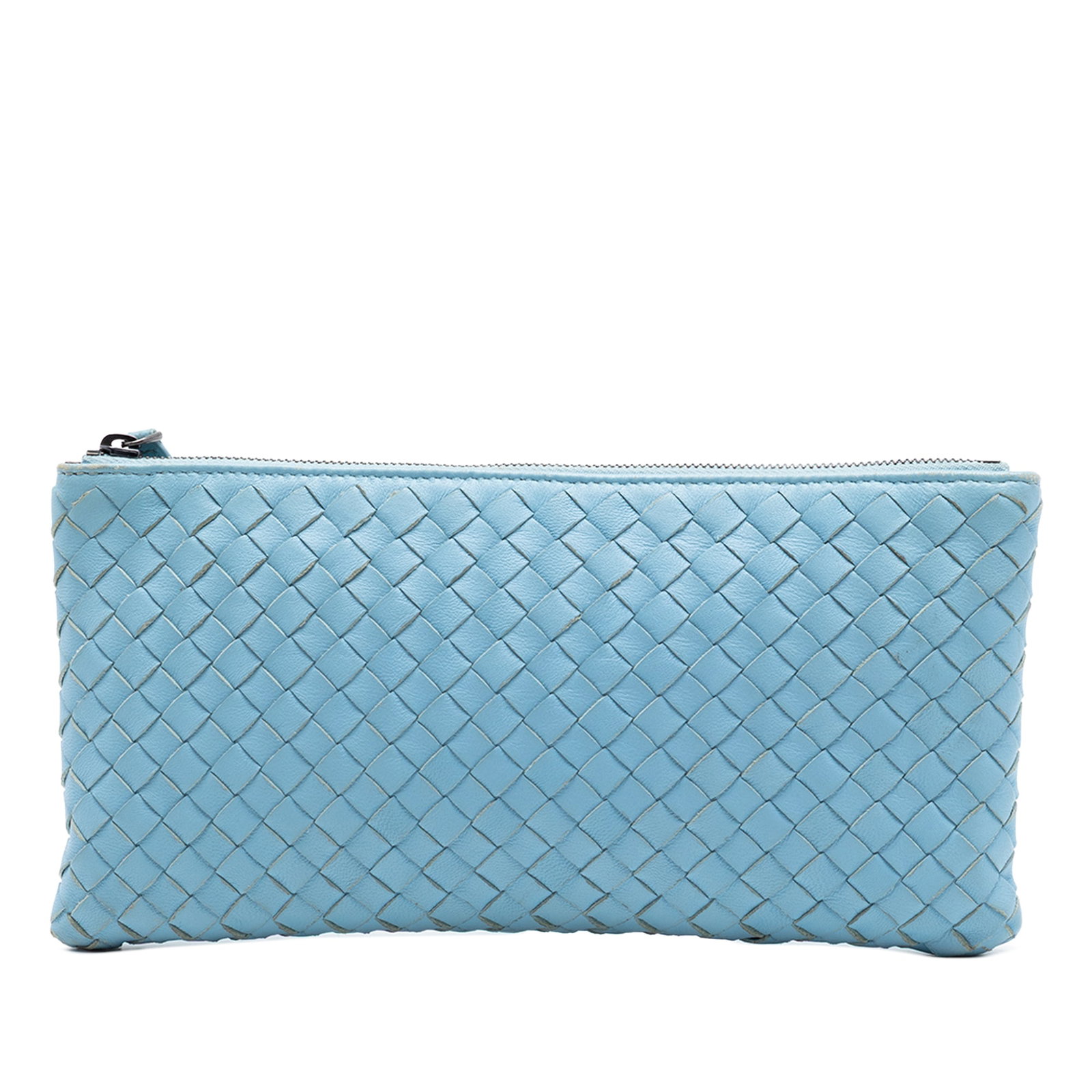 Bottega Veneta blue woven nappa leather zip clutch pouch: Bottega Veneta blue woven nappa leather zip clutch pouch This Bottega Veneta Small Nappa Intrecciato Zip Pouch features a distinctive woven nappa leather exterior in blue and a secure top zip closure.