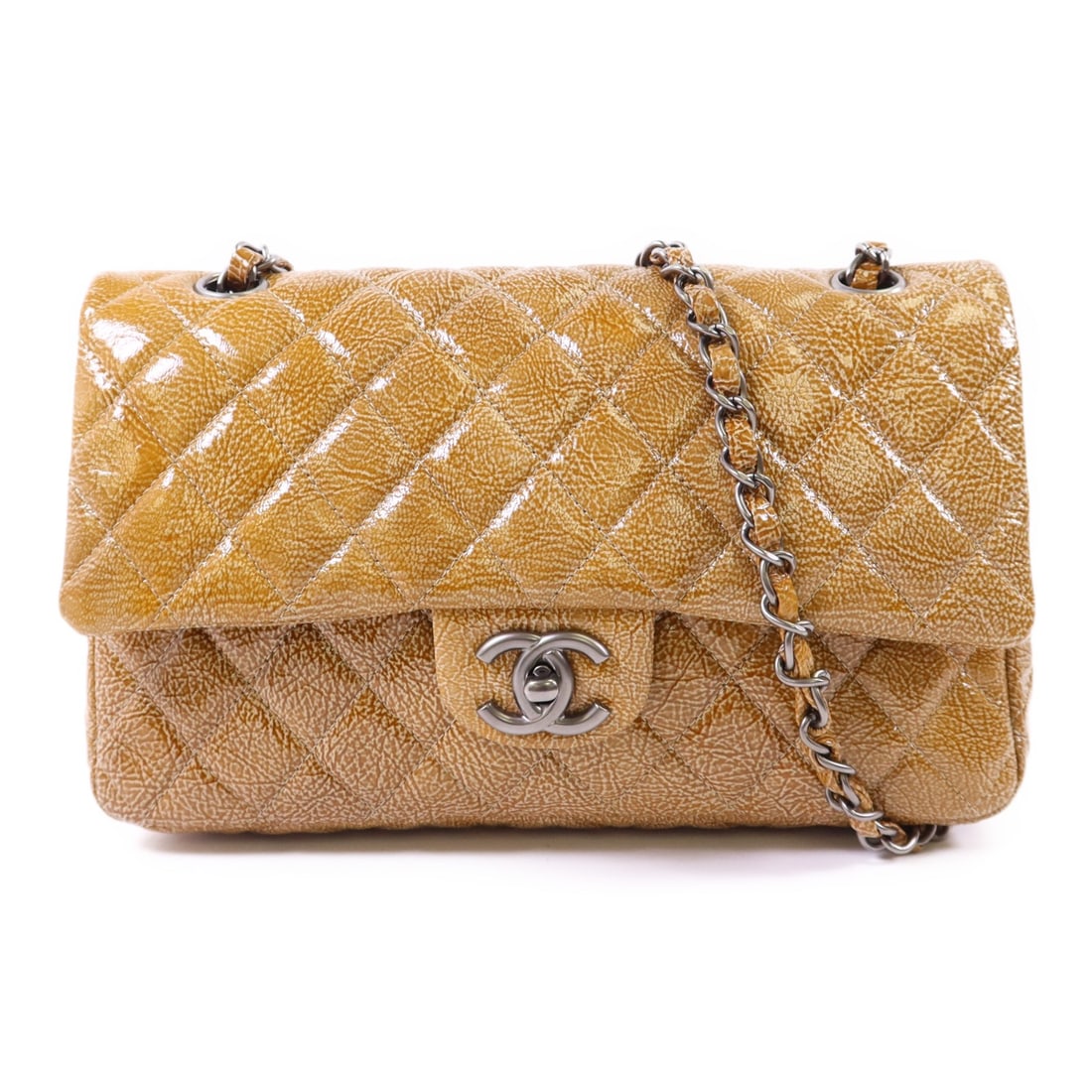 CHANEL Yellow Calfskin Shoulder Bag with Silver Hardware: CHANEL Yellow Calfskin Shoulder Bag with Silver Hardware Elevate your accessory collection with this exquisite CHANEL Chain Shoulder Bag. Crafted from premium calfskin leather, this stylish bag showca