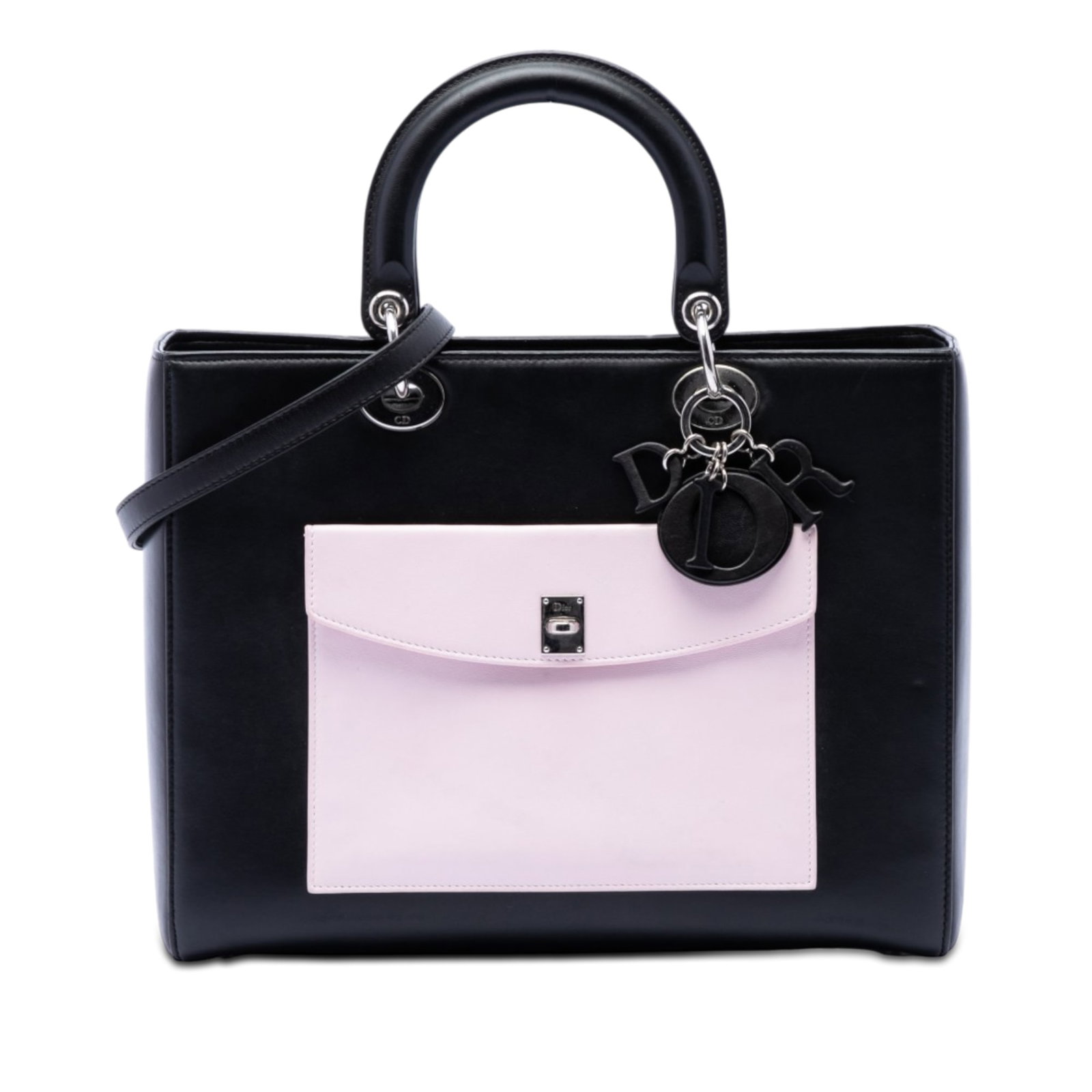 Dior Large Calfskin Pocket Tote Black Leather Bag: Dior Large Calfskin Pocket Tote Black Leather Bag This Lady Dior Large Calfskin Pocket Tote features a luxurious black leather body with flat leather handles and a detachable flat strap for versatile 
