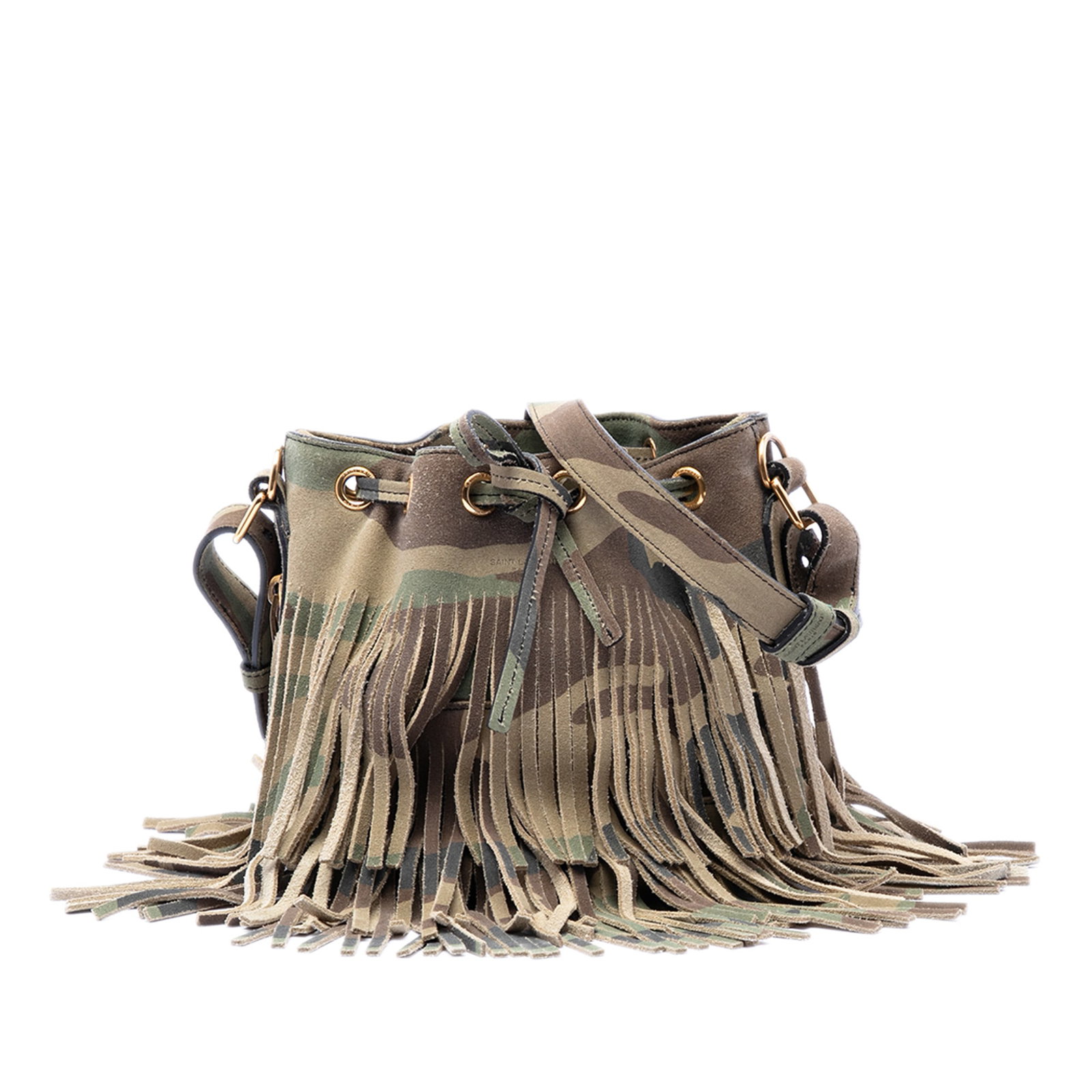 Saint Laurent Emmanuelle suede fringe bucket bag camouflage print: Saint Laurent Emmanuelle suede fringe bucket bag camouflage print This Saint Laurent Small Emmanuelle Fringe Bucket Bag showcases a camouflage print on suede leather, complemented by fringe detailing.