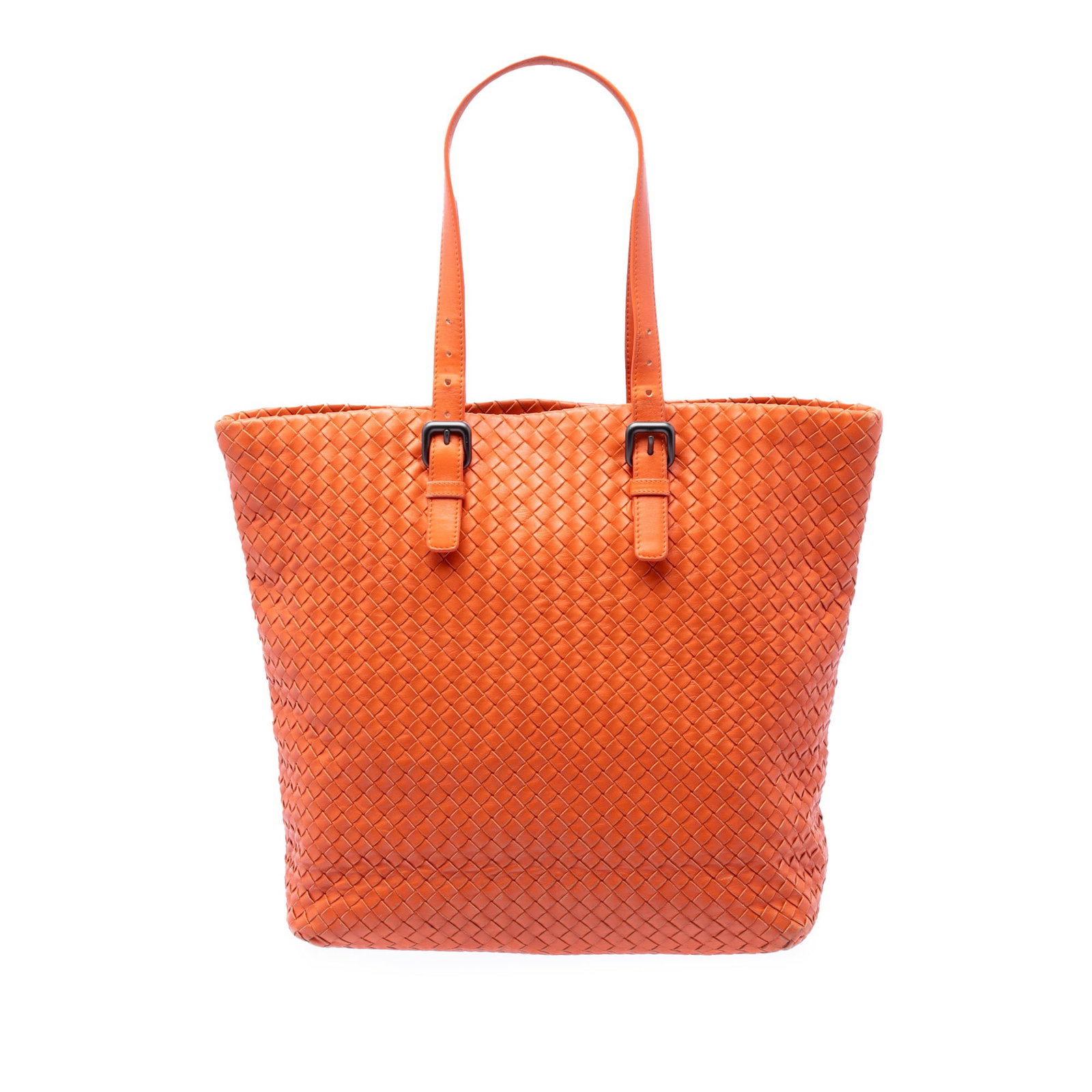 Bottega Veneta orange leather Intrecciato tote bag: Bottega Veneta orange leather Intrecciato tote bag This Bottega Veneta Nappa Intrecciato Belt Strap Tote features a woven leather body in orange, adjustable flat leather straps, an open top, and inter