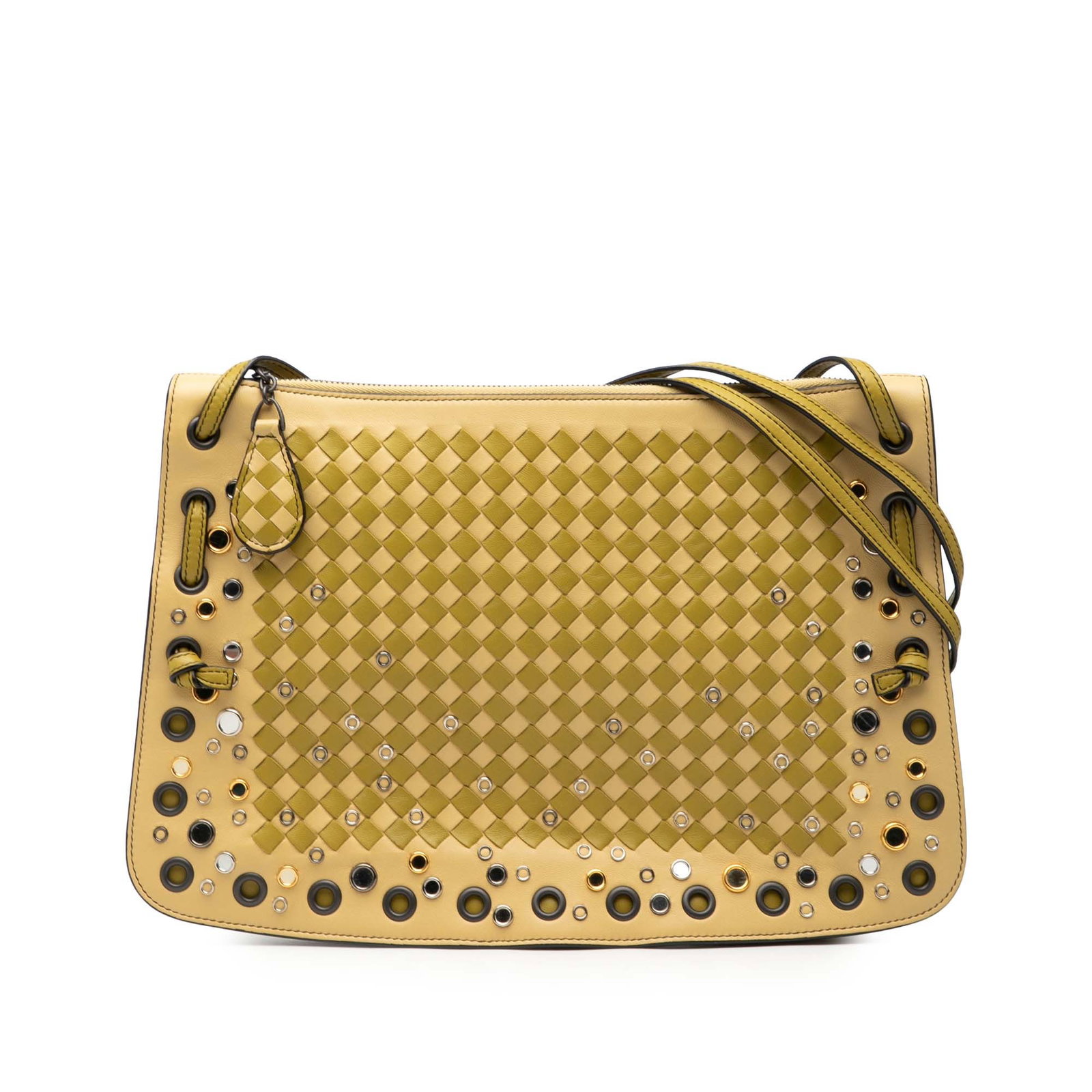 Bottega Veneta Palio Nappa Intrecciato Check Grommet Leather Crossbody Bag: Bottega Veneta Palio Nappa Intrecciato Check Grommet Leather Crossbody Bag This Bottega Veneta Nappa Intrecciato Check Grommet Palio Crossbody features a woven leather exterior with grommet accents, f