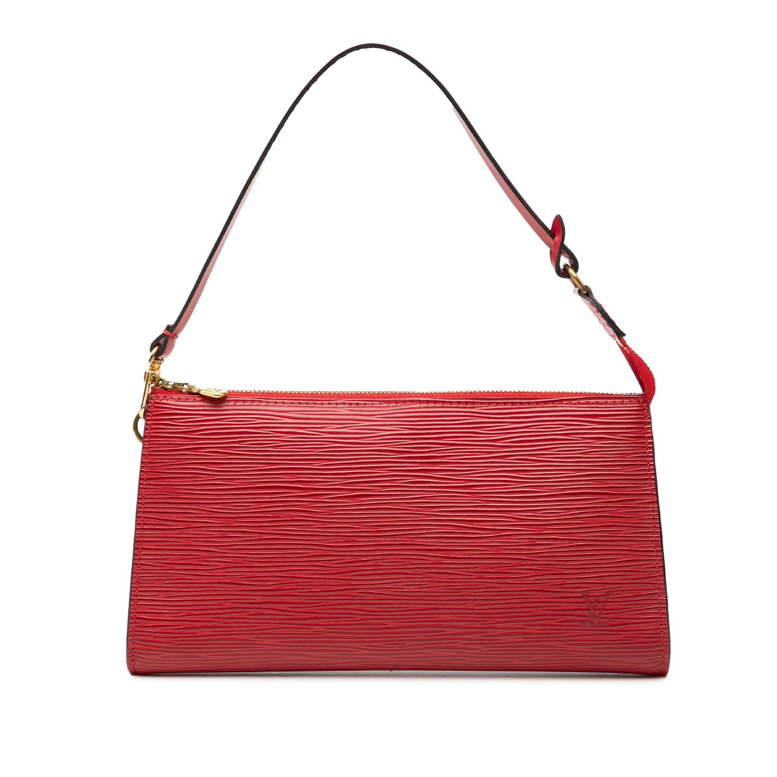 Red Epi Leather Pochette Accessoires Shoulder Bag by Louis Vuitton: Red Epi Leather Pochette Accessoires Shoulder Bag by Louis Vuitton This Louis Vuitton Epi Pochette Accessoires features a distinctive epi leather body in red, complemented by a flat leather shoulder s