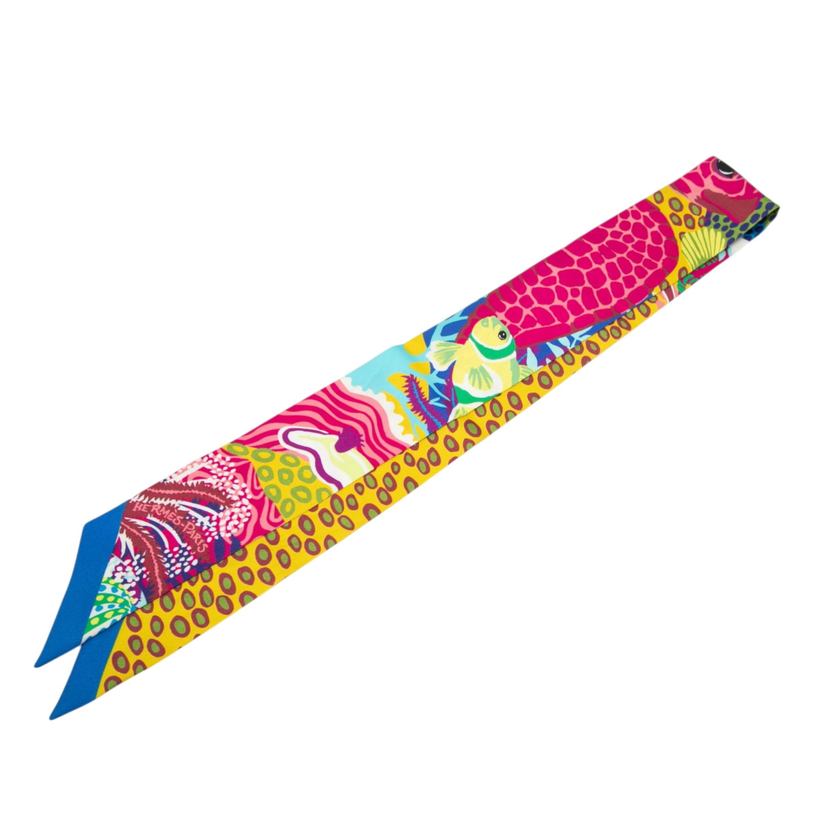 Hermes yellow silk twilly scarf Under the Waves: Hermes yellow silk twilly scarf Under the Waves This Hermes Under the Waves Twilly scarf features a vibrant print on 100% silk, showcasing the brand's renowned craftsmanship. Made in France, this acce