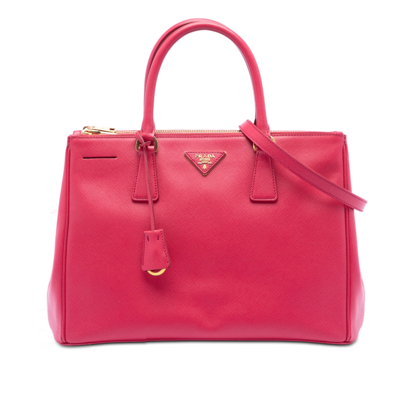 Prada Galleria Medium Saffiano Leather Double Zip Pink Tote Bag: Prada Galleria Medium Saffiano Leather Double Zip Pink Tote Bag This Prada Medium Saffiano Lux Galleria Double Zip Tote is crafted from pink saffiano leather and features rolled leather handles, a det