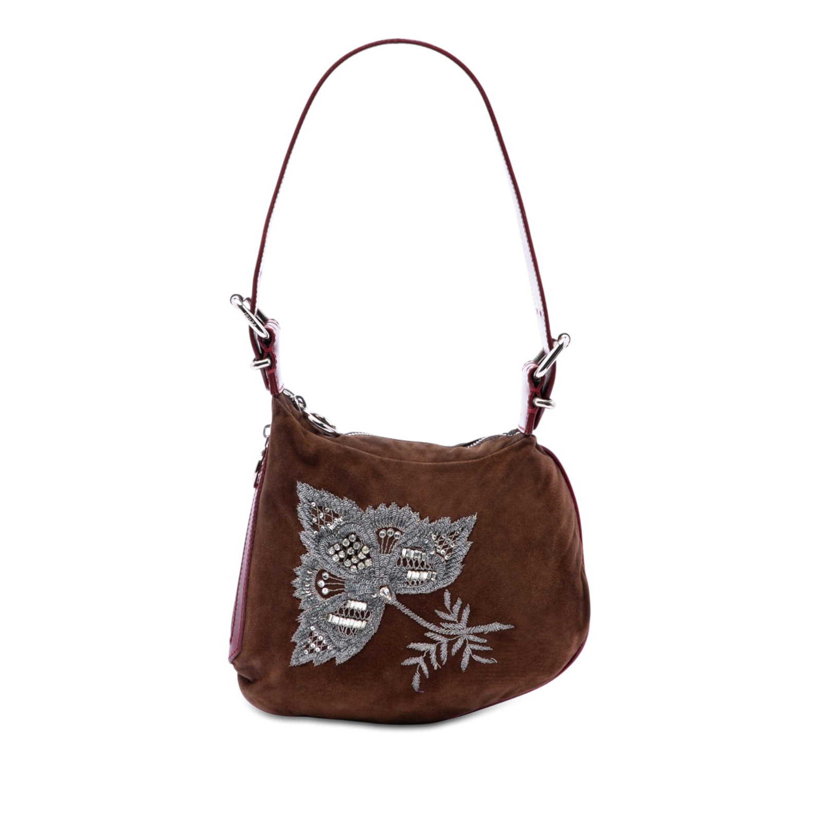 Fendi Oyster suede shoulder bag with crystal sequin embellishment: Fendi Oyster suede shoulder bag with crystal sequin embellishment This Fendi Oyster shoulder bag showcases a luxurious embroidered suede body adorned with sequin and crystal embellishments. It feature