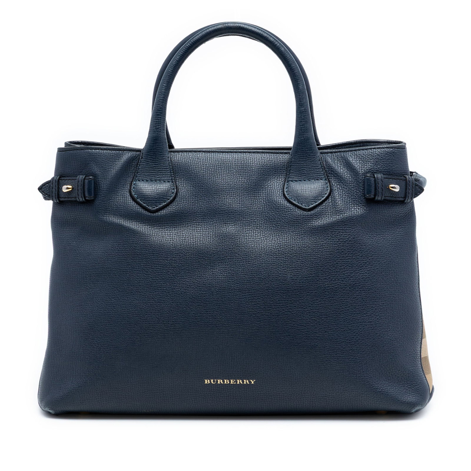 Burberry Banner Satchel Medium Blue Leather with House Check Panels: Burberry Banner Satchel Medium Blue Leather with House Check Panels This Burberry Medium Leather and House Check Banner Satchel features a leather body with house check canvas side panels, rolled leat