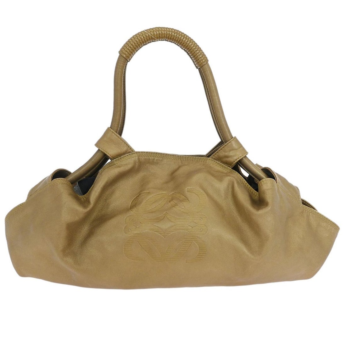 Loewe Gold Lambskin Nappa Aire Handbag with Double Handles: Loewe Gold Lambskin Nappa Aire Handbag with Double Handles Elevate your accessory collection with the Loewe Gold Lambskin Nappa Aire Handbag. This exquisite medium-sized top handle bag features a stri