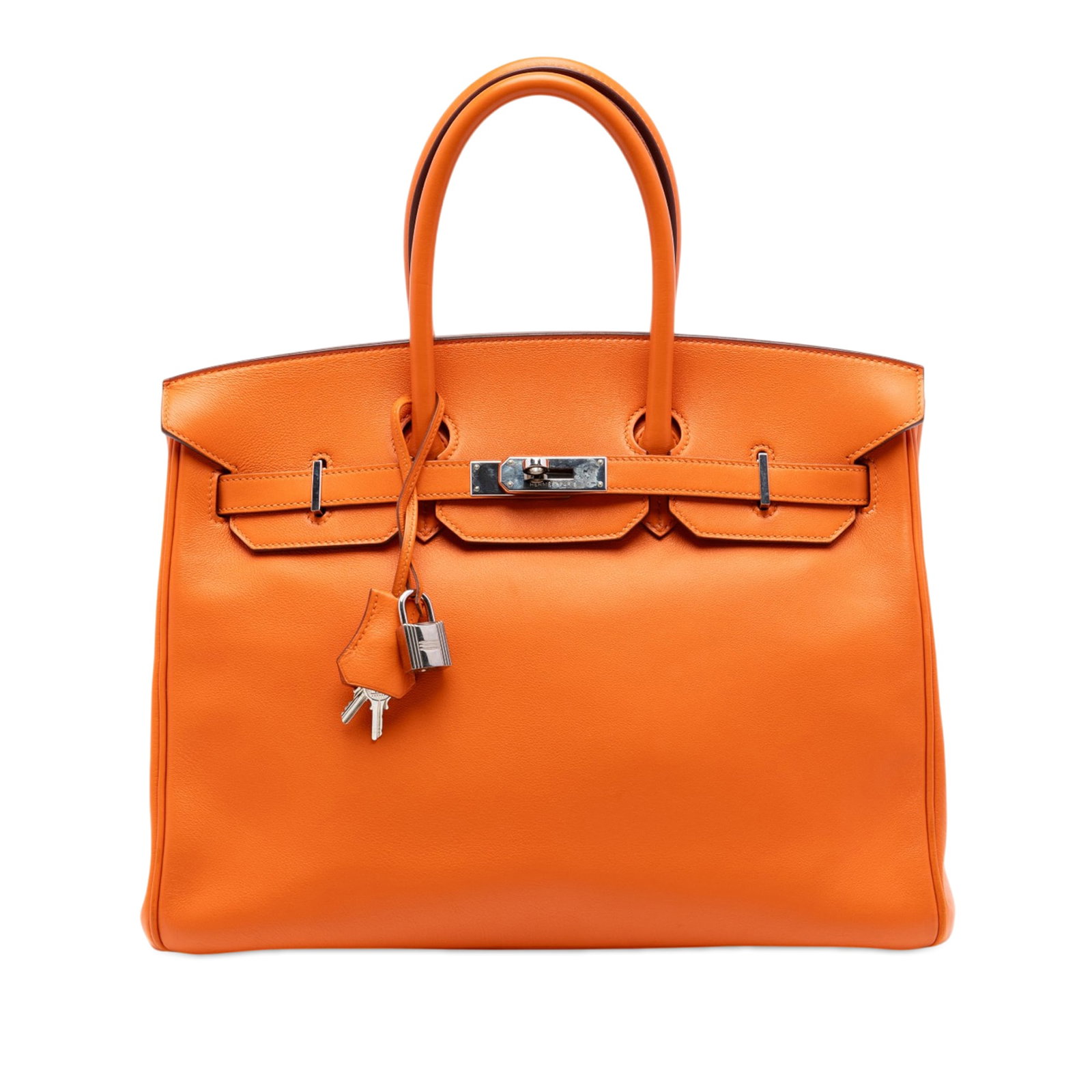 Hermes Orange Swift Leather Birkin 35 Retourne: Hermes Orange Swift Leather Birkin 35 Retourne This Hermes Swift Birkin Retourne 35 is crafted from orange Swift leather and features rolled leather handles, a front flap with strap and turn lock clos