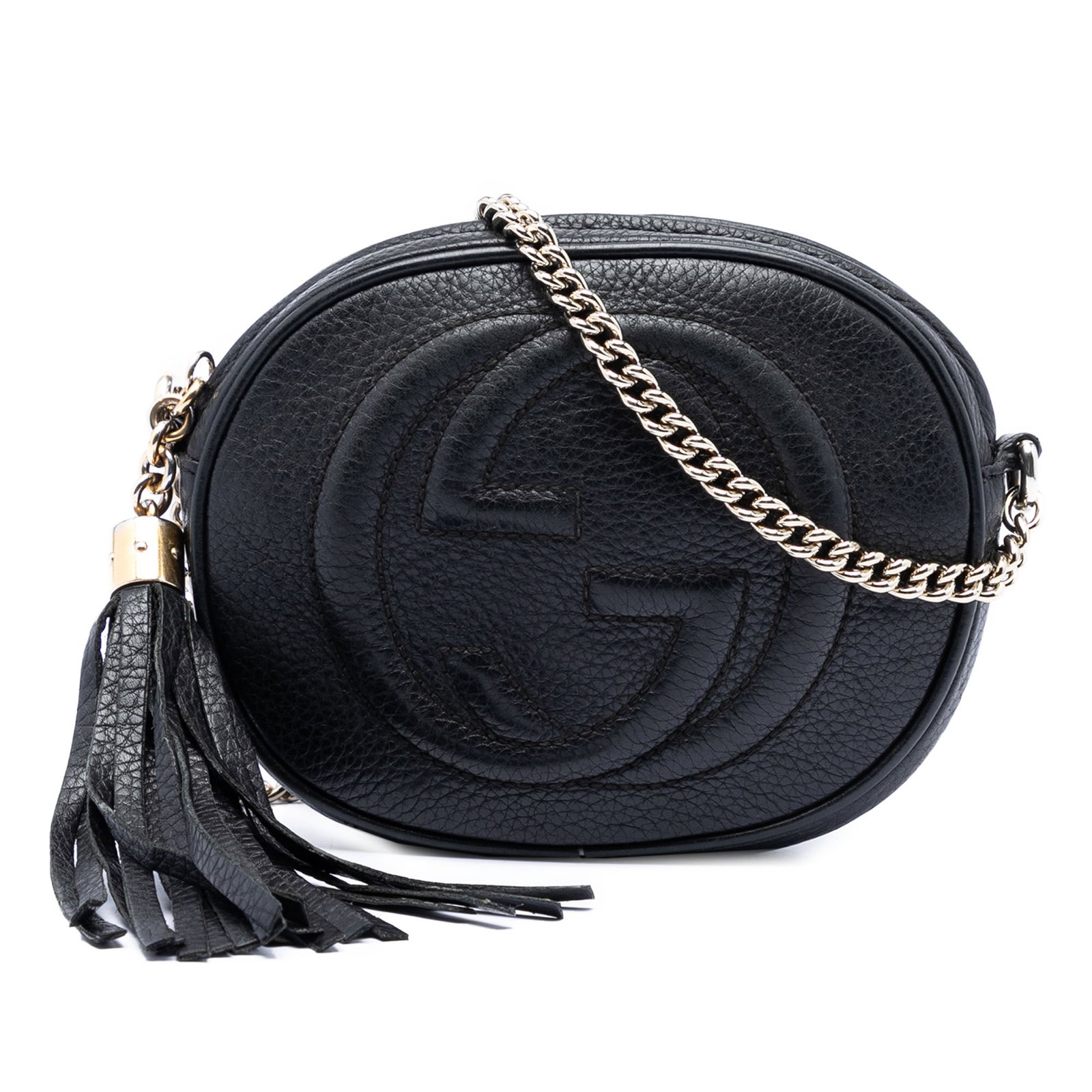Gucci Soho Mini Black Leather Chain Crossbody Bag: Gucci Soho Mini Black Leather Chain Crossbody Bag This Gucci Mini Pebbled Calfskin Soho Chain Crossbody bag features a black leather body with a pebbled texture, accented by a tassel detail and a chai
