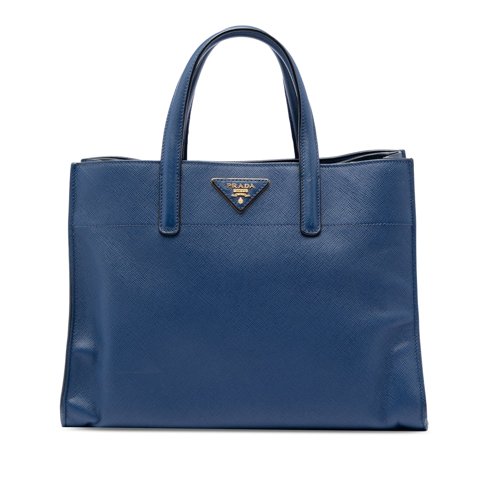 Prada Blue Saffiano Leather Triple Pocket Tote: Prada Blue Saffiano Leather Triple Pocket Tote This Prada Saffiano Soft Triple Pocket Tote is crafted from blue saffiano leather and features flat leather handles. The design includes open compartment