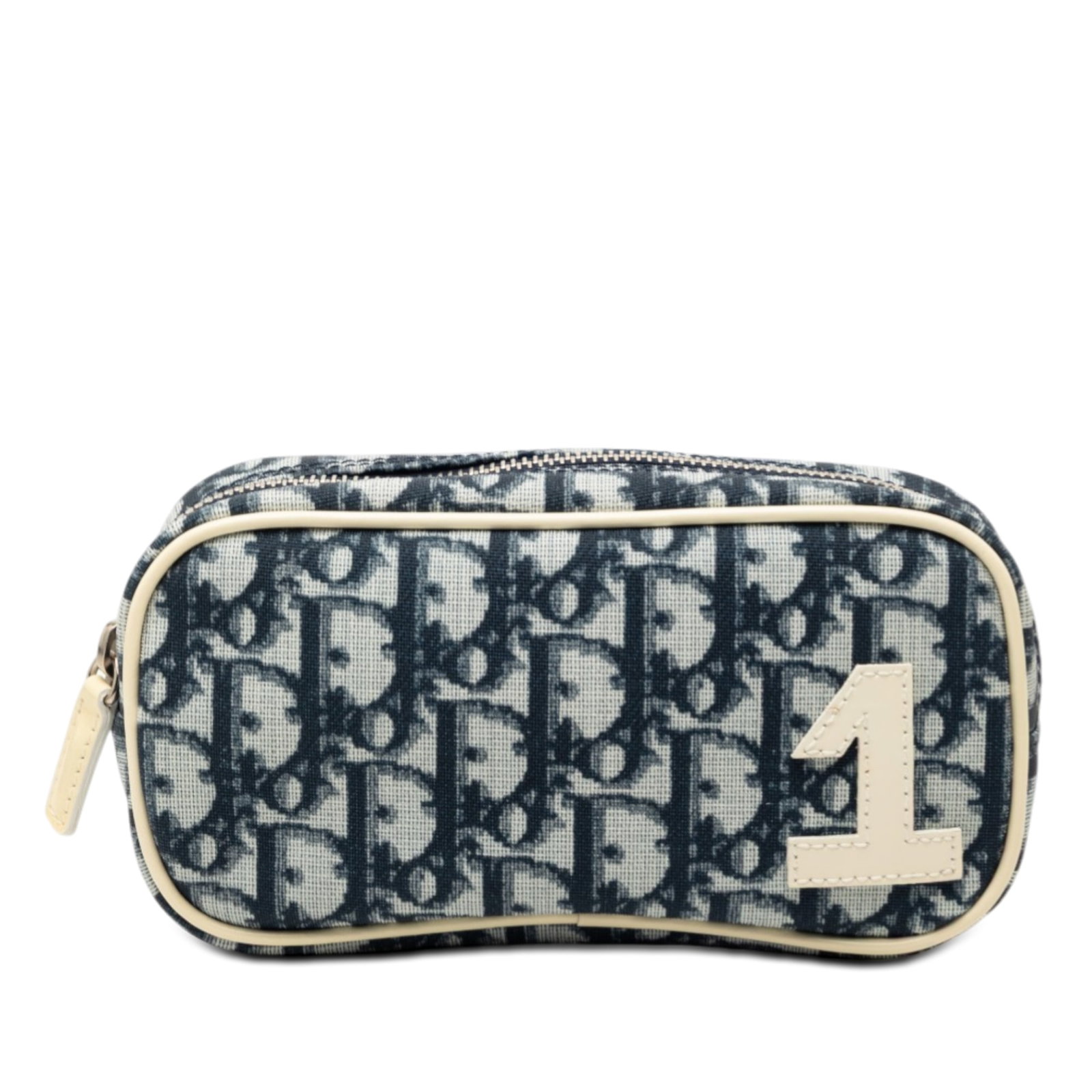 Dior blue coated canvas cosmetic pouch: Dior blue coated canvas cosmetic pouch This Diorissimo Trotter cosmetic pouch is crafted from coated canvas with leather trim and features a top zip closure. The pouch is presented in a blue color and