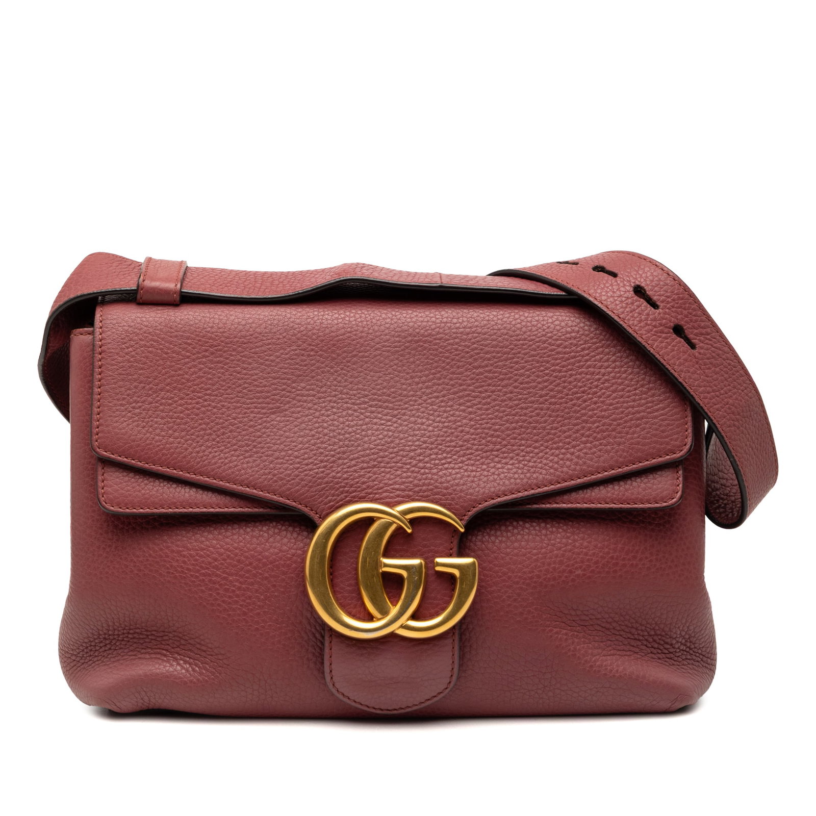 Pink Leather Gucci GG Marmont Small Adjustable Strap Shoulder Bag: Pink Leather Gucci GG Marmont Small Adjustable Strap Shoulder Bag This Gucci Small GG Marmont shoulder bag is crafted in pink leather and features an adjustable flat leather strap, a front flap with a