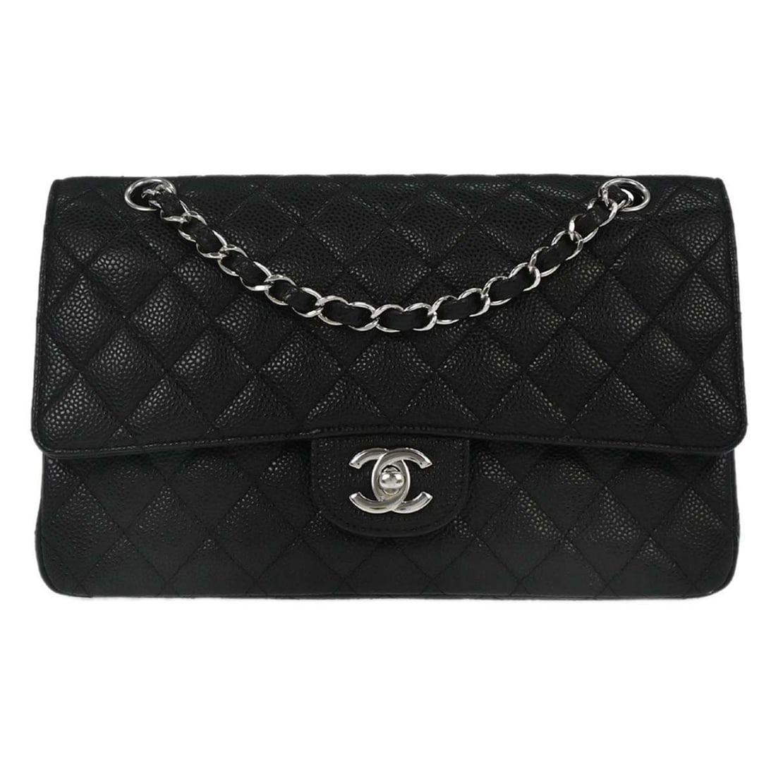 Medium Classic Double Flap Shoulder Bag in Black Calfskin by Chanel: Medium Classic Double Flap Shoulder Bag in Black Calfskin by Chanel This Chanel Classic Double Flap Shoulder Bag features luxurious black calfskin leather and a medium-sized silhouette. Designed with 