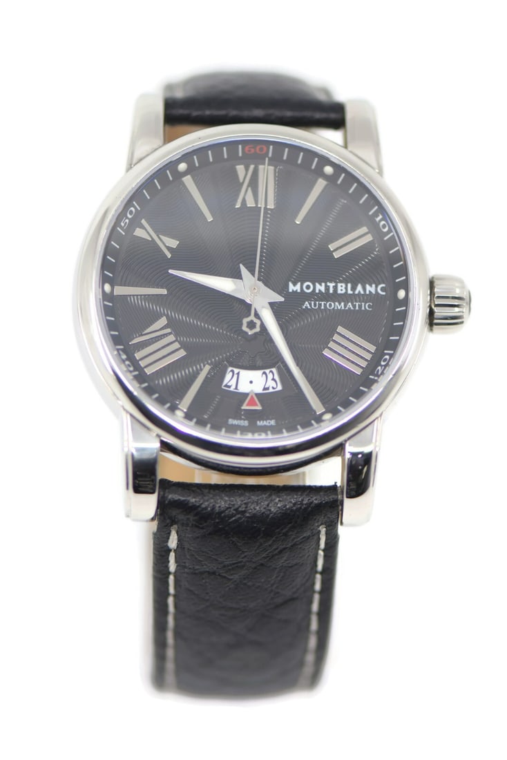 Montblanc Star Date Automatic Stainless Steel Watch 41mm Ref 7102: Montblanc Star Date Automatic Stainless Steel Watch 41mm Ref 7102 Experience elegance with the Montblanc Star Date Stainless Steel Watch. This pre-owned wristwatch features a striking black dial and a