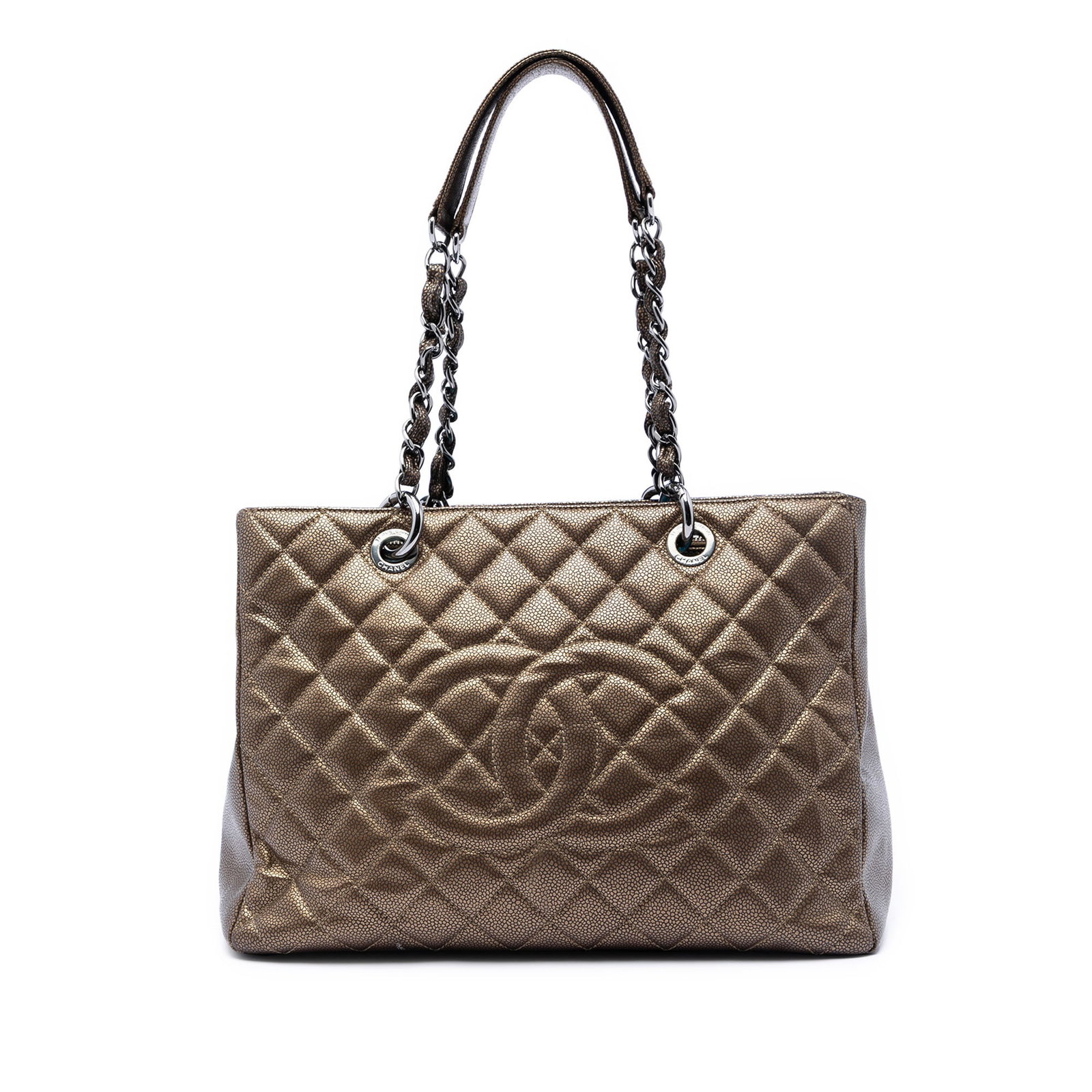 Chanel Grand Shopping Tote Quilted Metallic Caviar Leather Brown: Chanel Grand Shopping Tote Quilted Metallic Caviar Leather Brown This Chanel Metallic Caviar Grand Shopping Tote features a quilted caviar leather body in brown, leather-woven chain link straps with l