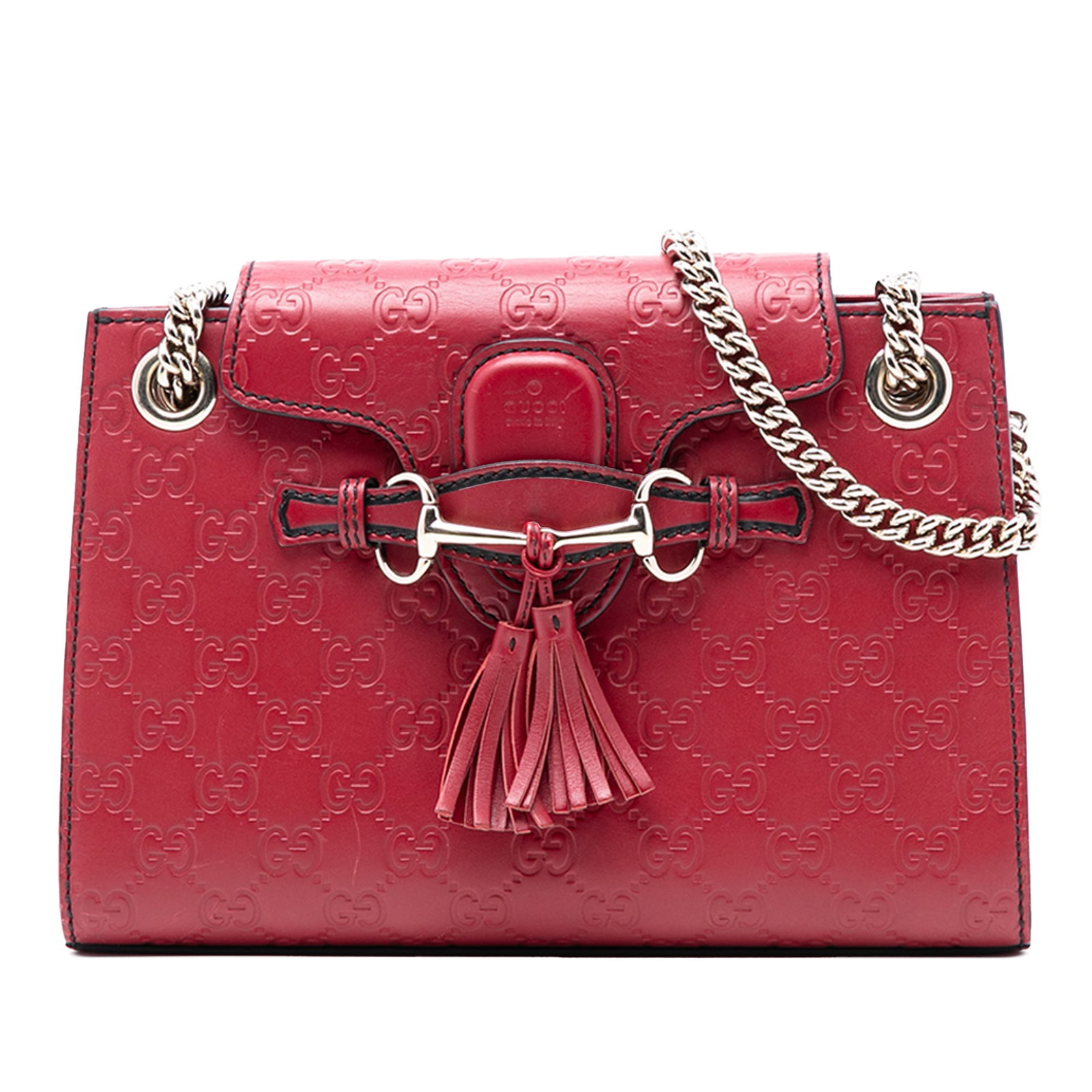 Gucci Emily Guccissima Red Leather Chain Shoulder Bag Small: Gucci Emily Guccissima Red Leather Chain Shoulder Bag Small This Gucci Small Guccissima Emily Shoulder Bag features an embossed leather body in red, chain link straps with leather shoulder guards, a f