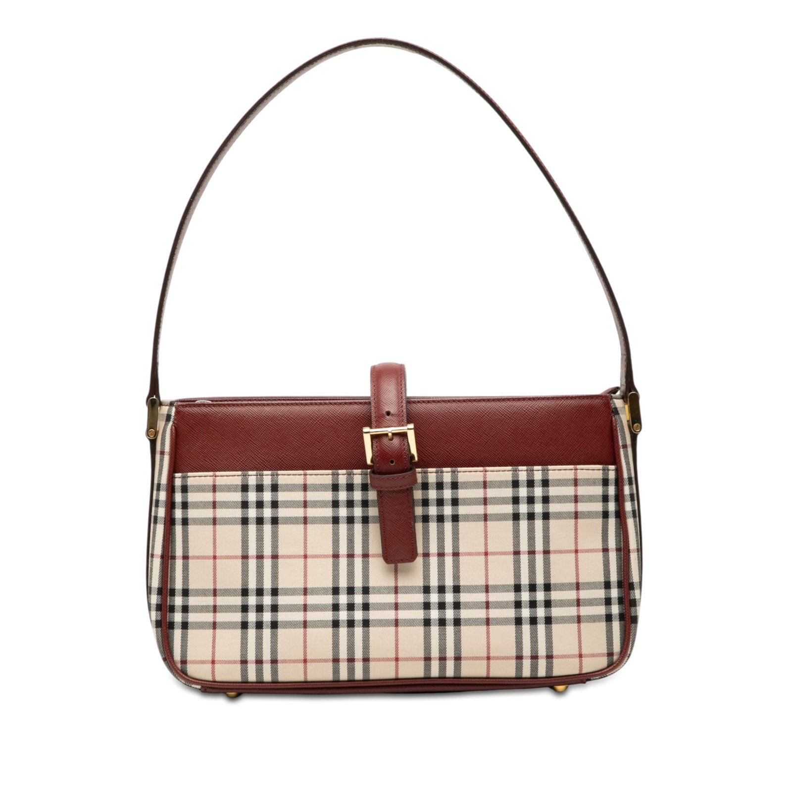 Burberry House Check canvas shoulder bag with leather trim: Burberry House Check canvas shoulder bag with leather trim This Burberry House Check Canvas Shoulder Bag features a cotton body with leather trim, a flat leather strap, and a top strap with buckle clo