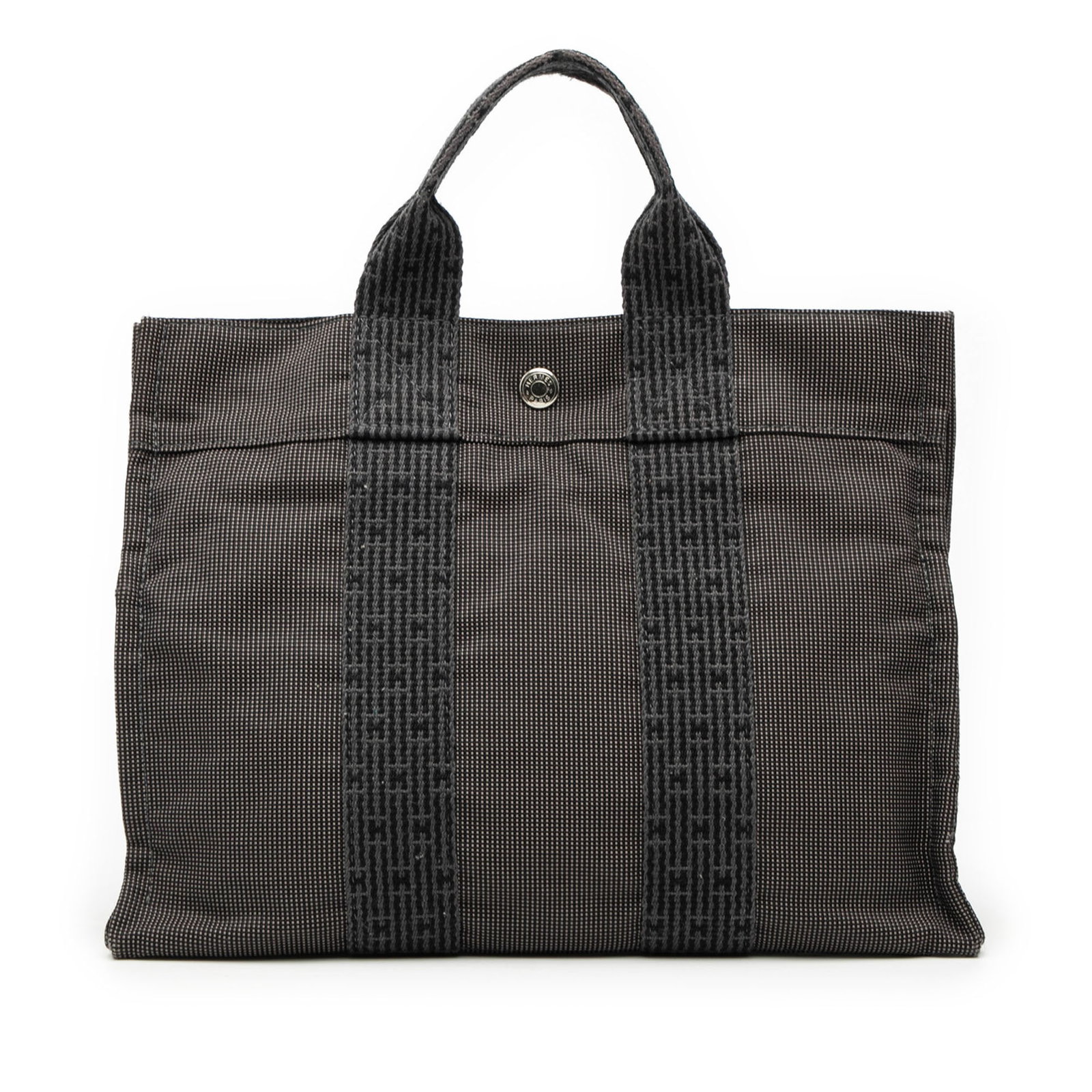 Herline PM Tote Gray Canvas Bag by Hermes with Snap Closure: Herline PM Tote Gray Canvas Bag by Hermes with Snap Closure The Hermes Fourre Tout Herline PM is a gray canvas bag featuring flat straps, an open top with a snap closure, and an interior zip compartme