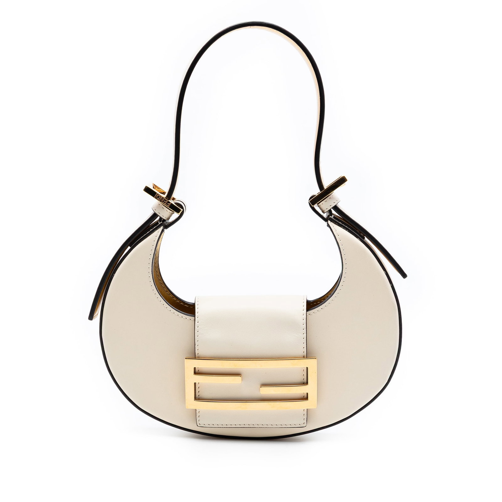 Fendi Mini Cookie leather hobo bag: Fendi Mini Cookie leather hobo bag This Fendi Mini Leather Cookie Hobo bag is crafted from leather in a white hue and features an adjustable flat shoulder strap along with a top strap secured by a mag