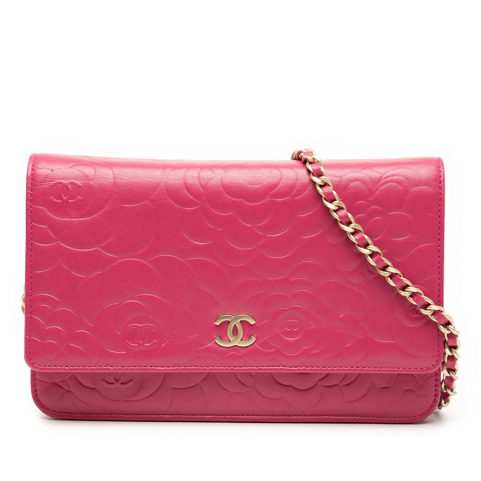 Pink Chanel Camellia Embossed Lambskin Wallet On Chain Bag: Pink Chanel Camellia Embossed Lambskin Wallet On Chain Bag This Chanel CC Embossed Lambskin Camellia Wallet On Chain features a pink embossed lambskin leather body, a leather-woven chain strap, a top 