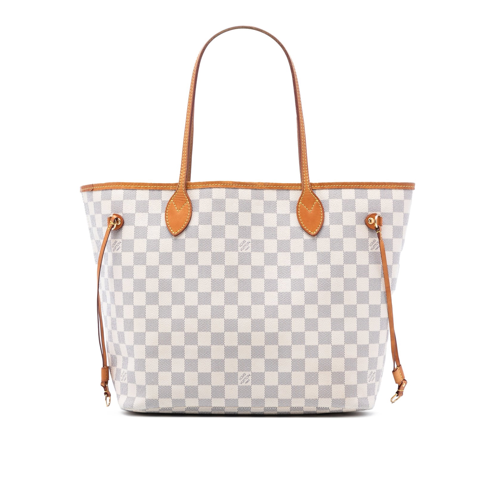 Neverfull MM Tote in Damier Azur Canvas with Vachetta Leather Trim: Neverfull MM Tote in Damier Azur Canvas with Vachetta Leather Trim The Louis Vuitton Damier Azur Neverfull MM features a Damier Azur canvas body with vachetta leather trim and flat vachetta leather ha