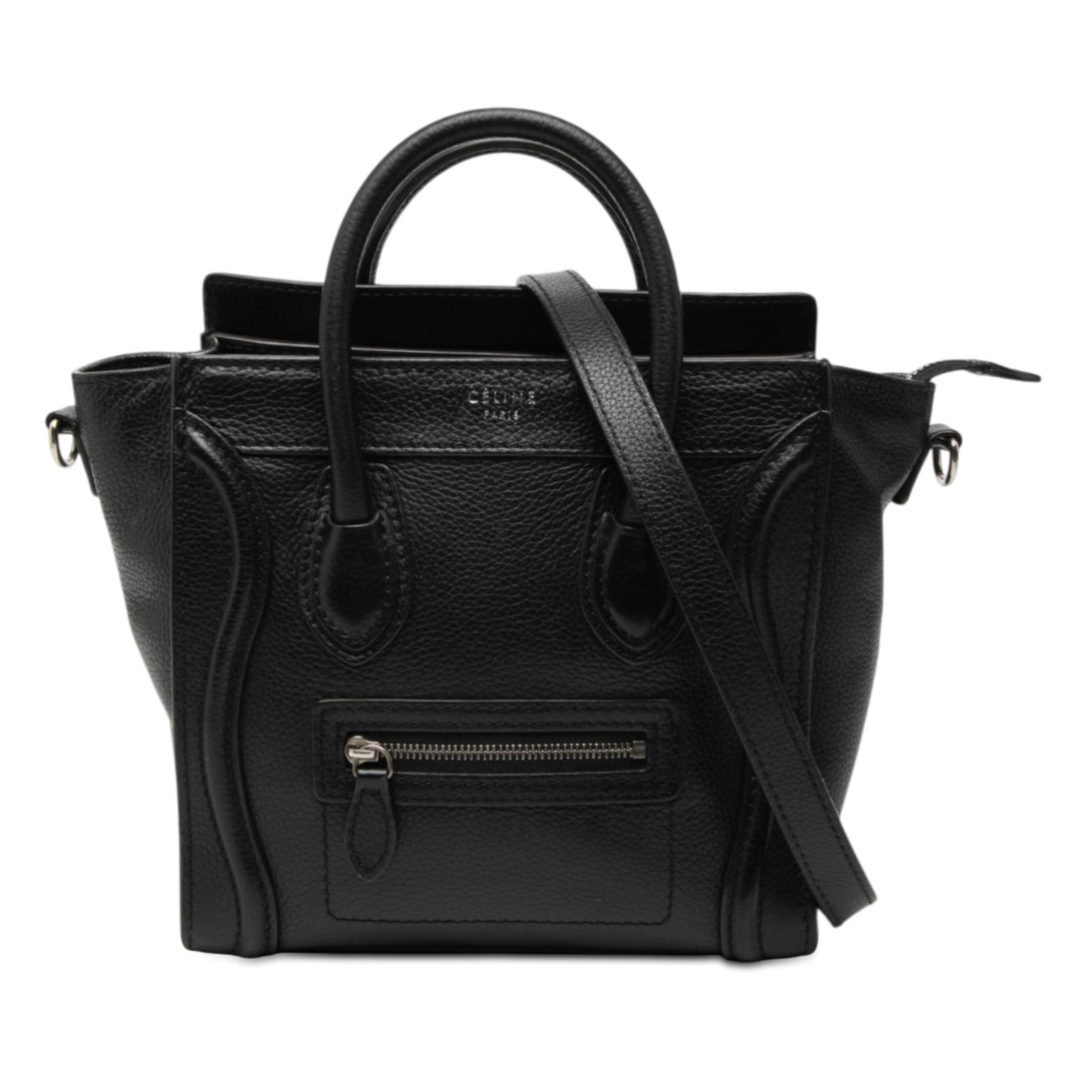 Black Celine Nano Luggage Tote Bag with Detachable Strap: Black Celine Nano Luggage Tote Bag with Detachable Strap This Celine Nano Leather Luggage Tote showcases a structured leather body in black, featuring rolled leather handles and a detachable flat shou