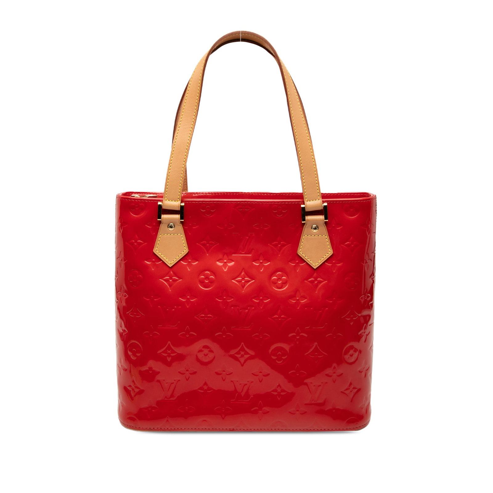 Louis Vuitton Houston Monogram Vernis Red Leather Tote: Louis Vuitton Houston Monogram Vernis Red Leather Tote This Louis Vuitton Monogram Vernis Houston bag features a glossy monogram vernis leather exterior in red, complemented by flat vachetta leather s