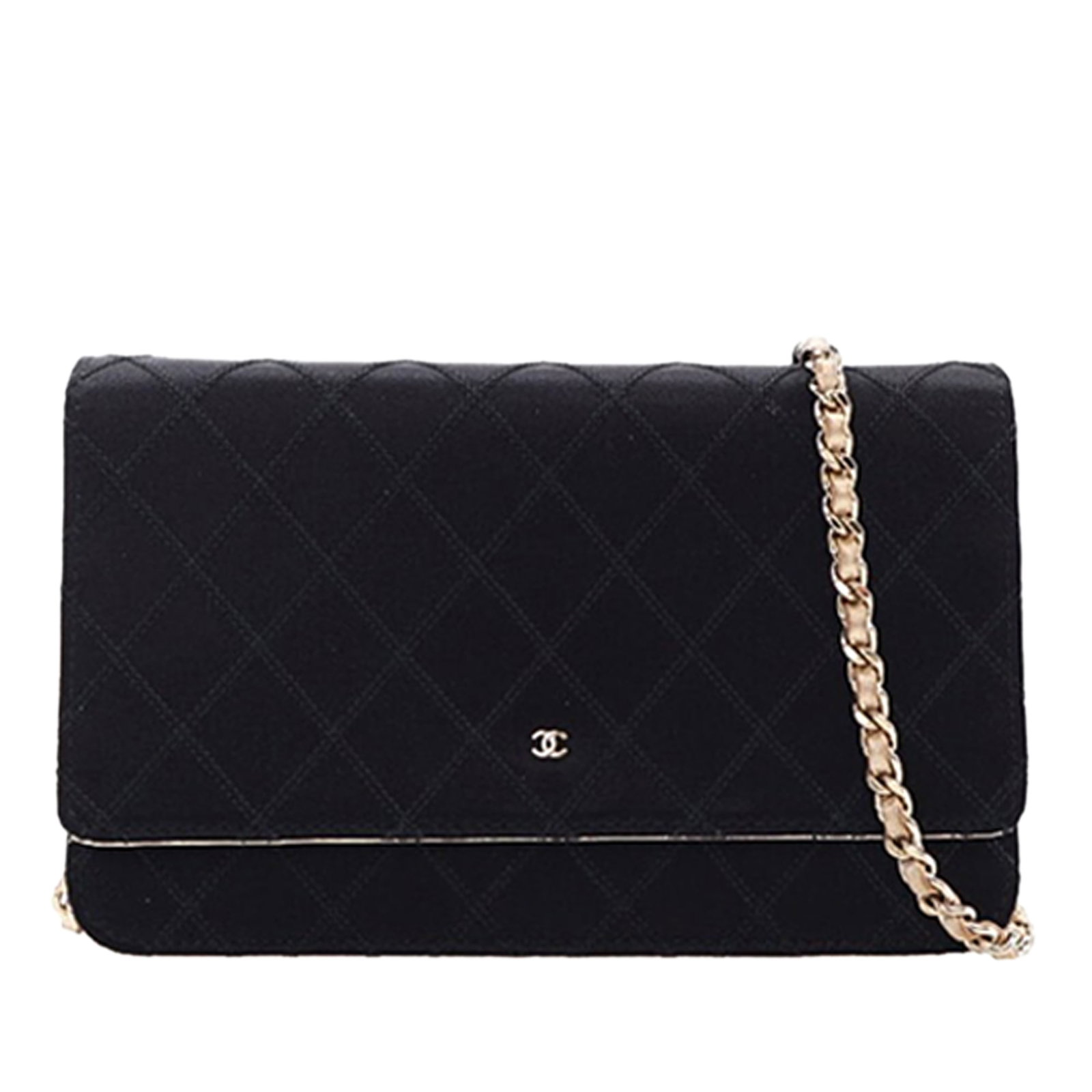 Chanel Bicolor Satin Wallet On Chain Black Leather Trim: Chanel Bicolor Satin Wallet On Chain Black Leather Trim This Chanel Bicolor Satin Diamond Stitch Wallet On Chain features a quilted satin body with leather trim, complemented by a leather-woven chain 