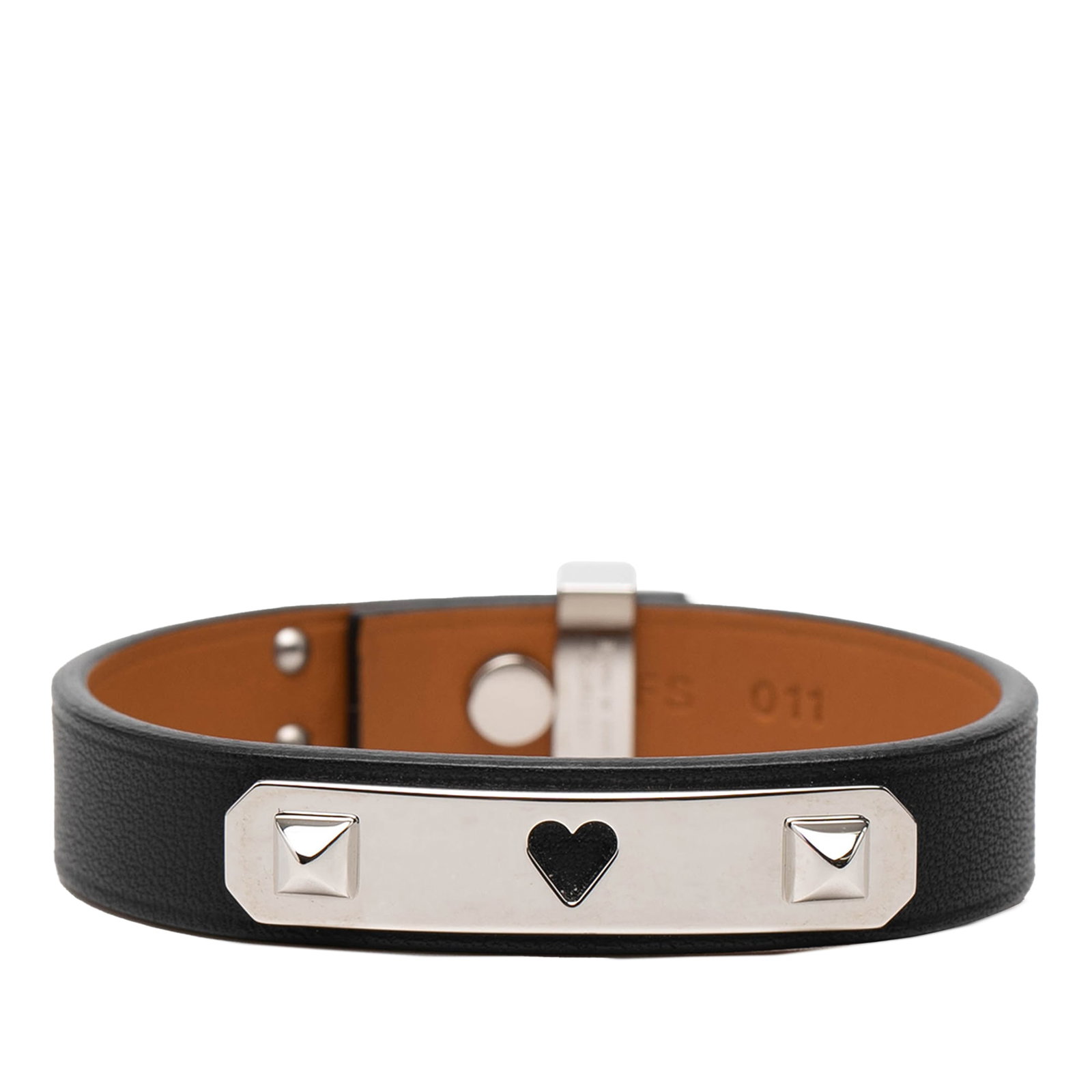 Hermes As De Coeur Black Swift Leather Bracelet with Palladium-Plated Hardware: Hermes As De Coeur Black Swift Leather Bracelet with Palladium-Plated Hardware This Hermes Swift As De Coeur Bracelet features a swift leather body in black, complemented by palladium-plated metal det