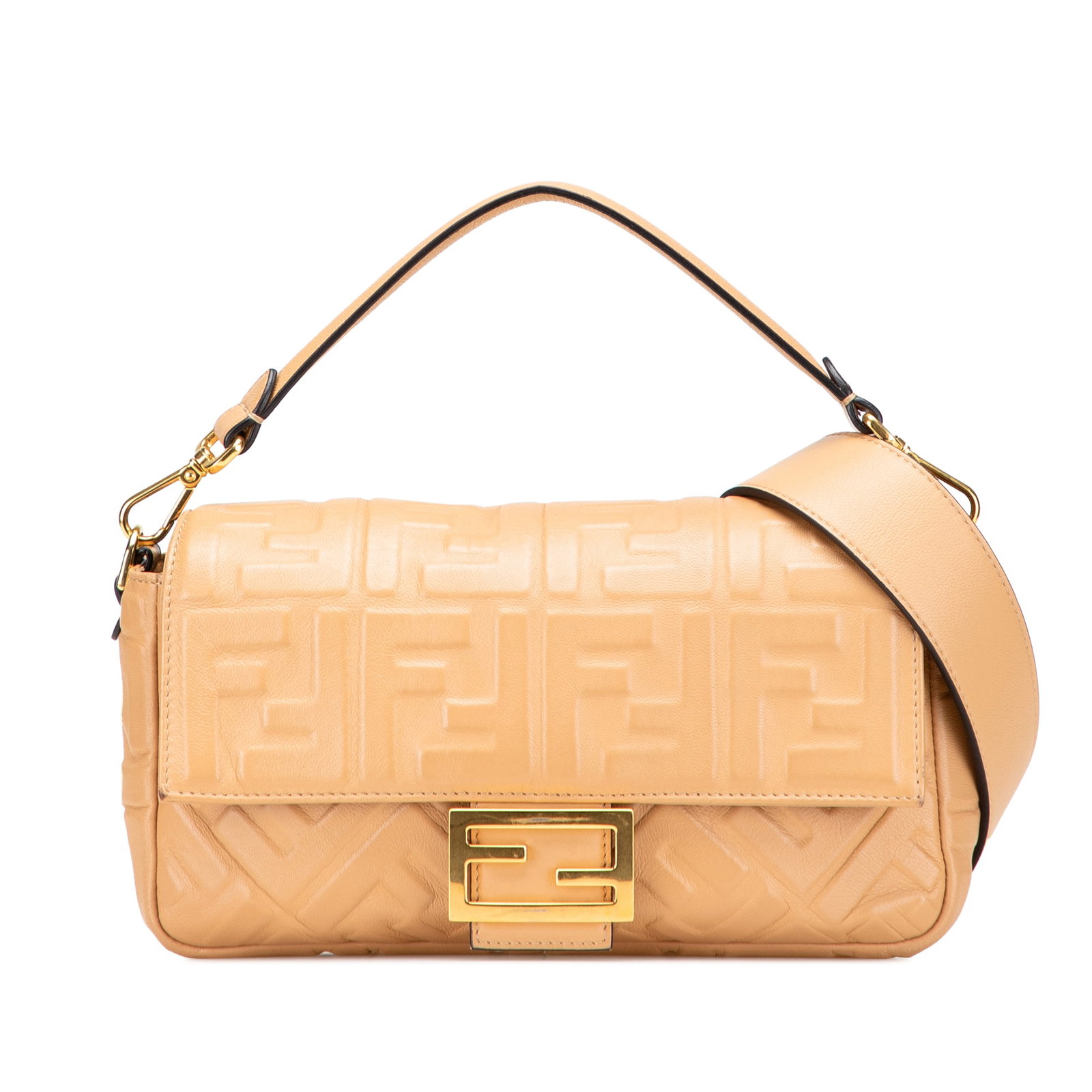 Fendi Zucca Embossed Leather Baguette Satchel in Brown: Fendi Zucca Embossed Leather Baguette Satchel in Brown This Fendi Zucca Embossed Leather Baguette Satchel showcases an exquisite embossed leather body in a rich brown hue. It features a flat leather h