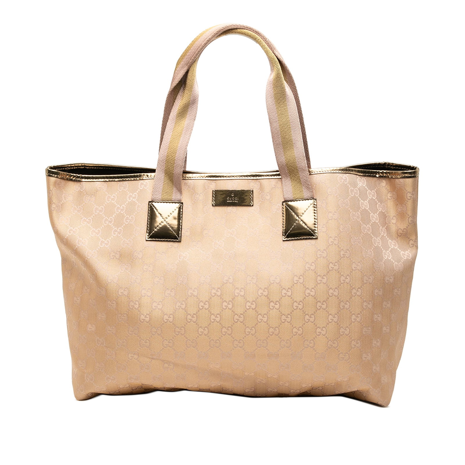 Gucci Tote Bag GG Canvas Web with Leather Trim Gold: Gucci Tote Bag GG Canvas Web with Leather Trim Gold This Gucci GG Canvas Web Tote features a canvas body with leather trim, flat handles, an open top with a magnetic snap closure, and interior zip and