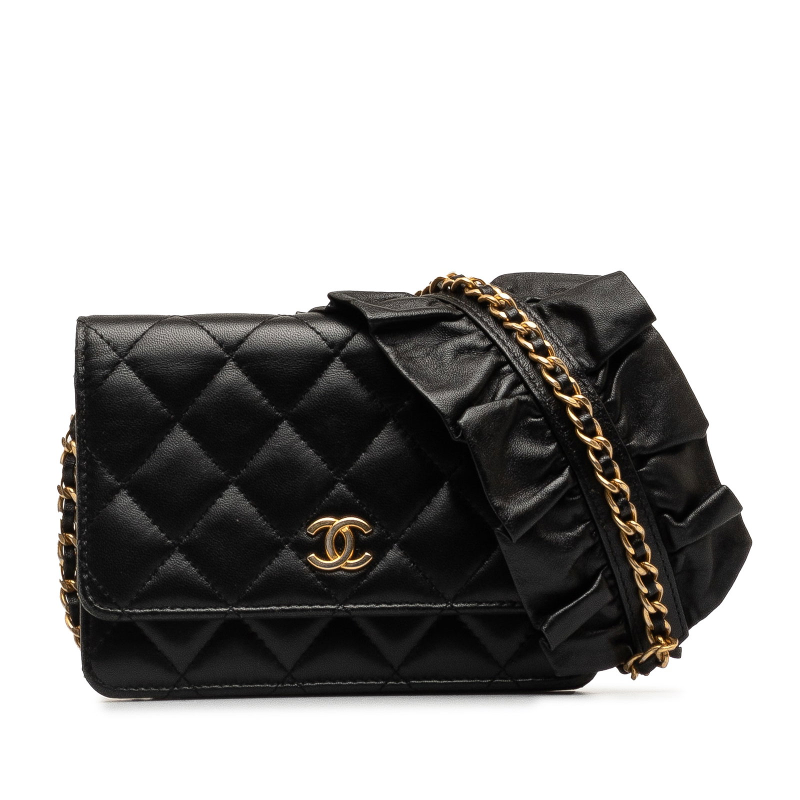 Chanel Black Lambskin Romance Wallet On Chain with Leather Strap: Chanel Black Lambskin Romance Wallet On Chain with Leather Strap The Chanel Lambskin Romance Wallet On Chain is an elegant accessory crafted from luxurious quilted lambskin leather. It features a styl