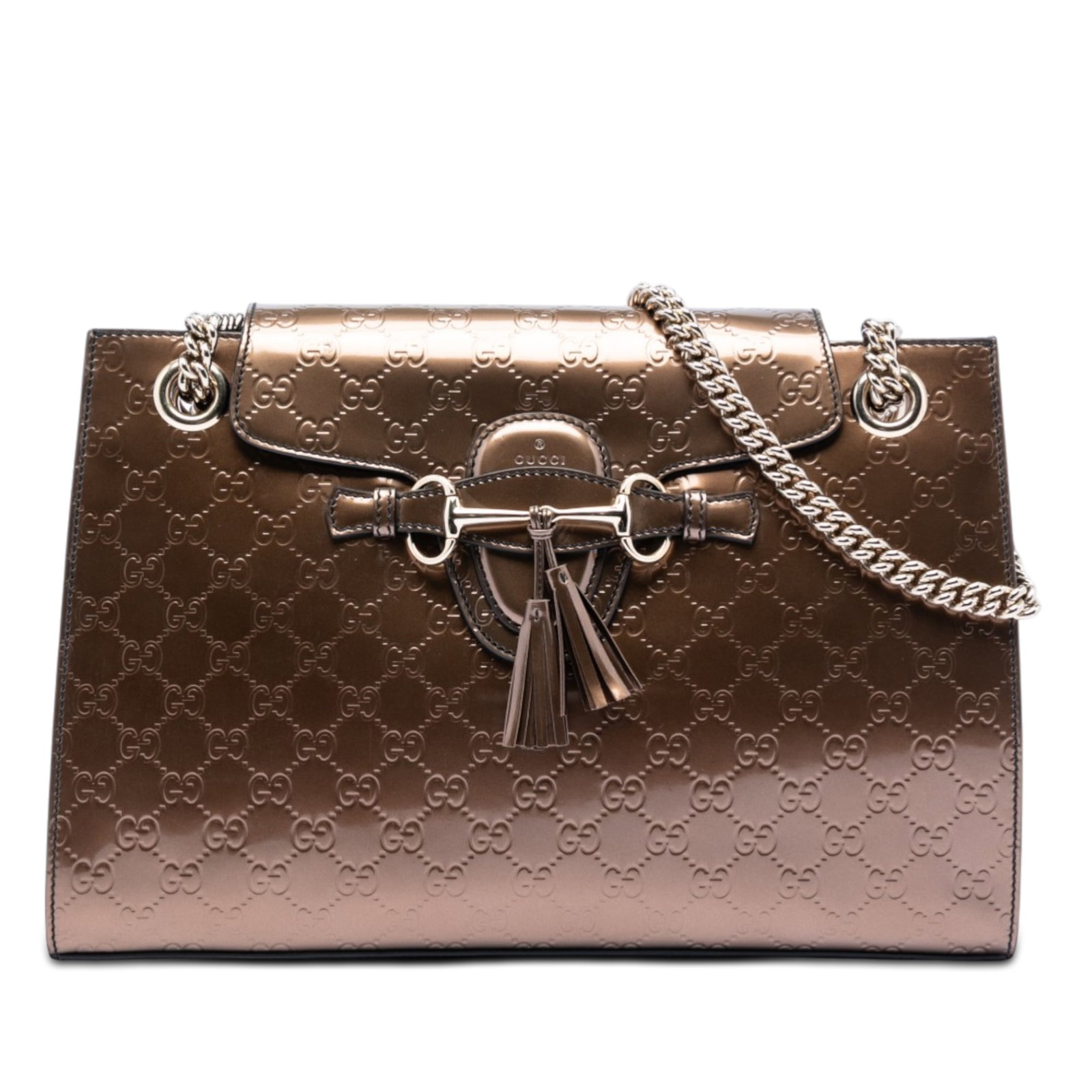 Gucci Emily Brown Leather Shoulder Bag Large Guccissima: Gucci Emily Brown Leather Shoulder Bag Large Guccissima This Gucci Large Guccissima Emily Shoulder Bag is crafted from brown leather and features chain straps with flat leather shoulder guards. The ba