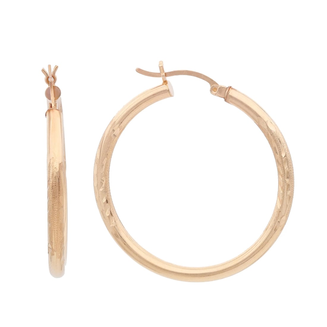 Rachel Koen 14K Yellow Gold Textured Hoop Earrings with Hinged Closure: Rachel Koen 14K Yellow Gold Textured Hoop Earrings with Hinged Closure Enhance your jewelry collection with these stunning textured medium round hoop earrings by Rachel Koen, expertly crafted in lustr