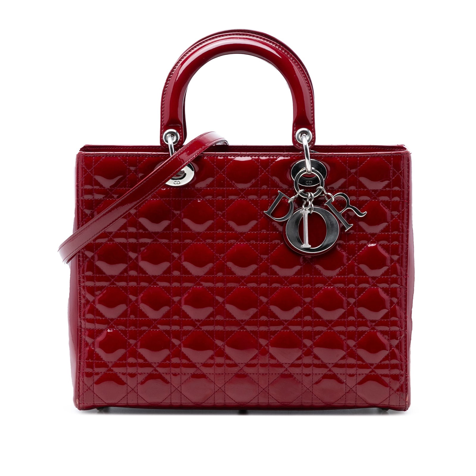 Dior Lady Dior Large Red Patent Cannage Quilted Leather Handbag: Dior Lady Dior Large Red Patent Cannage Quilted Leather Handbag The Large Patent Cannage Lady Dior bag features a quilted patent leather body in red, structured top handles, a detachable flat leather 