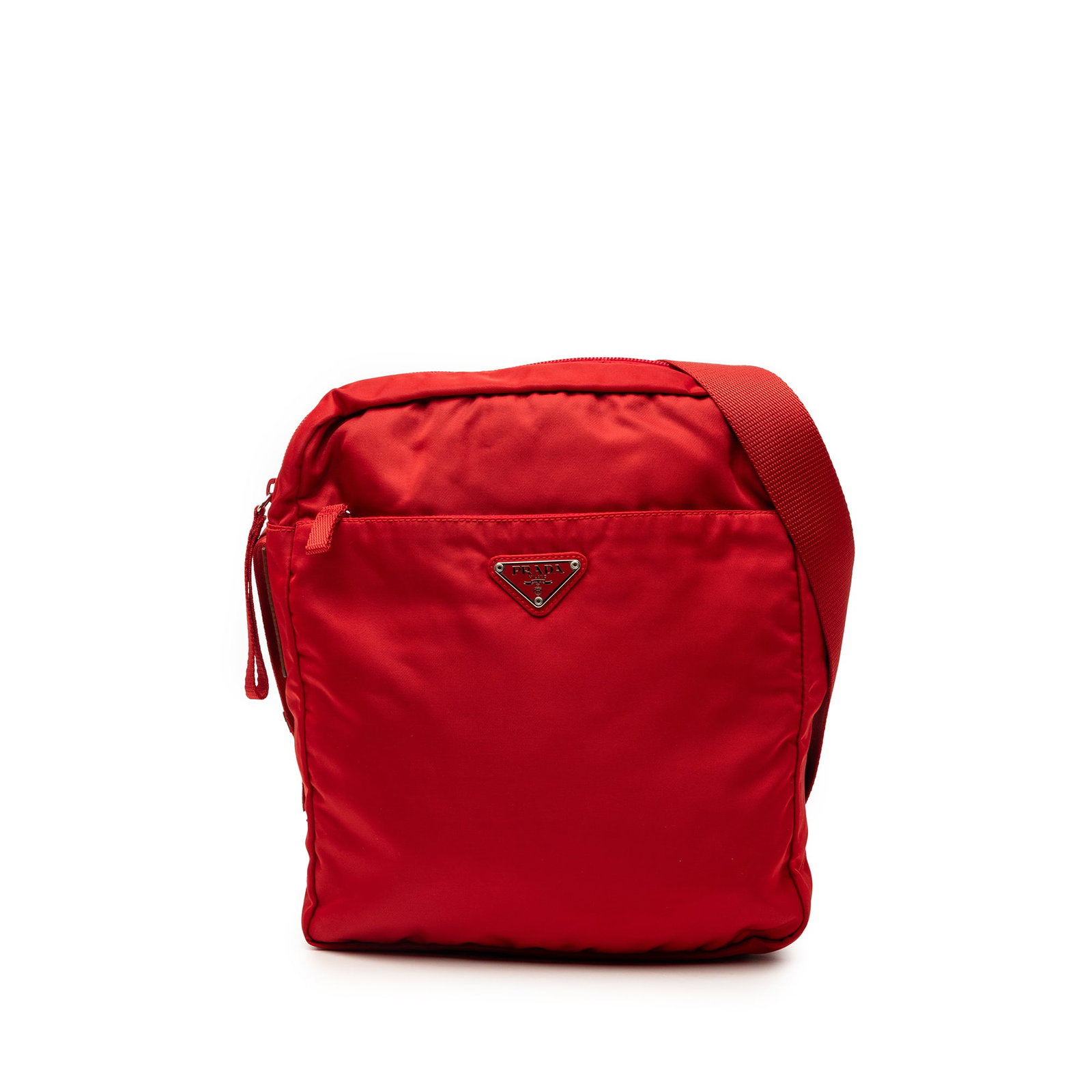 Prada red nylon zip crossbody bag Tessuto: Prada red nylon zip crossbody bag Tessuto This Prada Tessuto Zip Top Crossbody bag is crafted from red nylon fabric and features an adjustable flat strap for comfortable wear. It is designed with a to