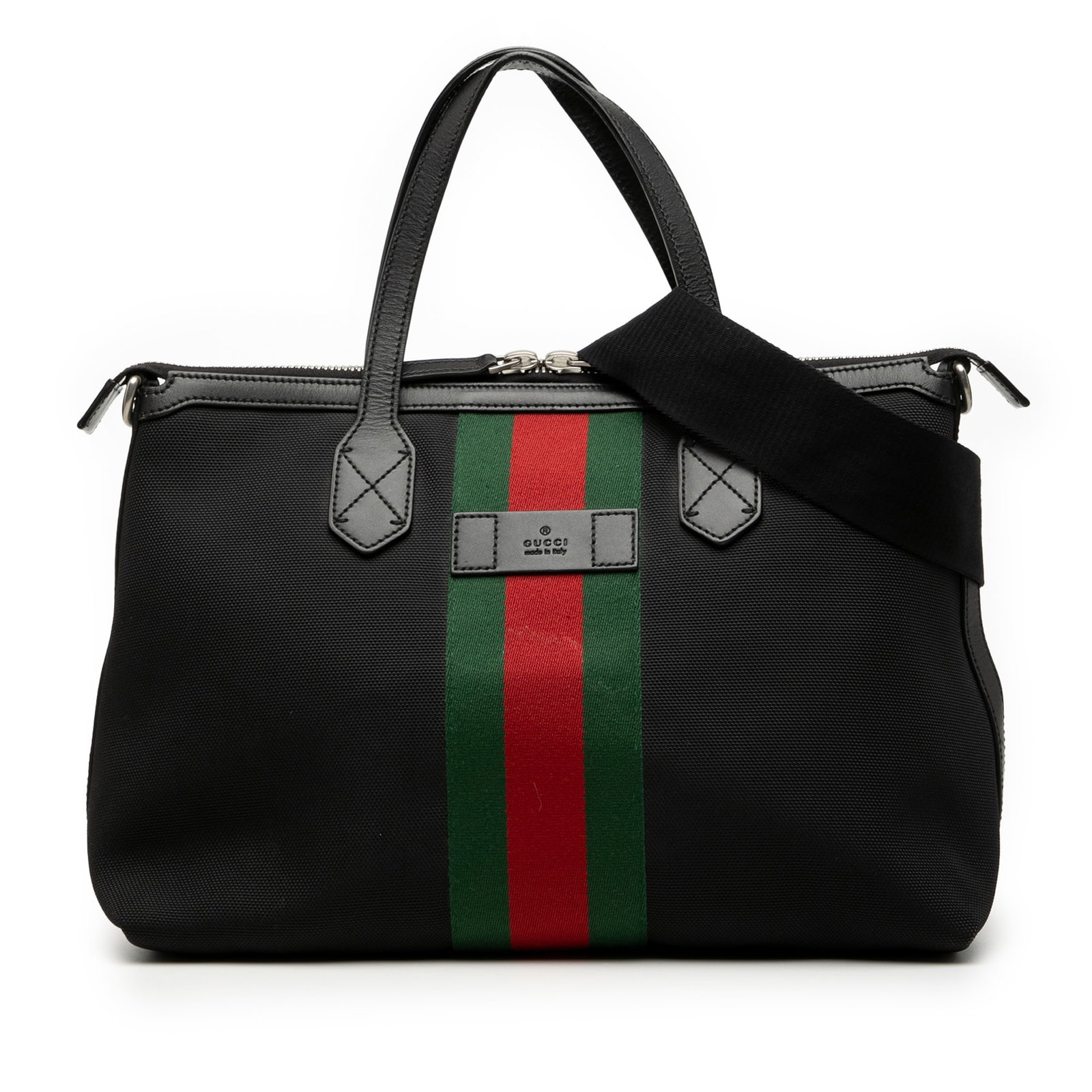Gucci Techno Web Canvas Satchel with Leather Trim and Adjustable Strap: Gucci Techno Web Canvas Satchel with Leather Trim and Adjustable Strap This Gucci Canvas Techno Web Satchel features a canvas body with signature web detail and leather trim. It offers flat leather ha