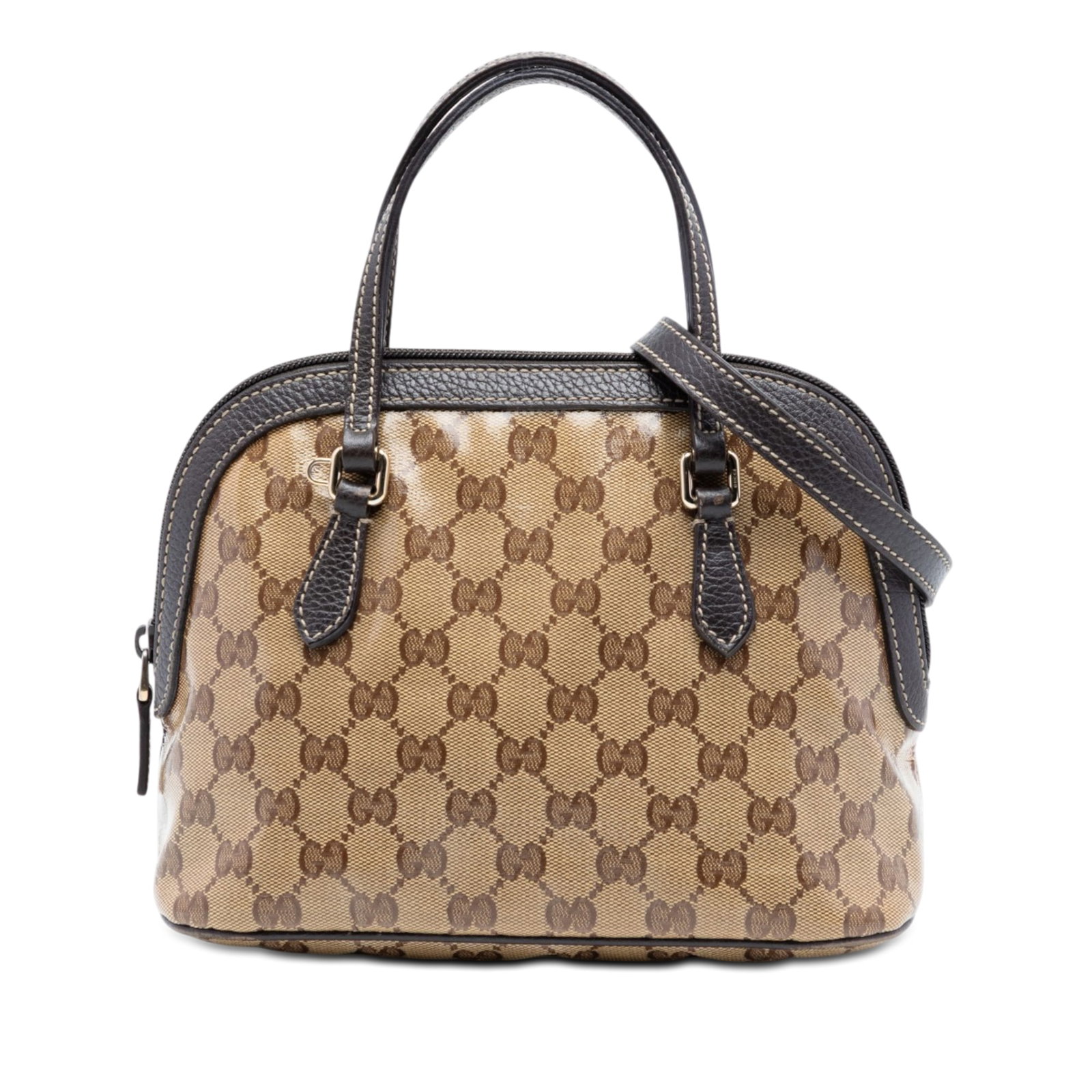 Gucci Crystal Dome Mini Satchel Bag: Gucci Crystal Dome Mini Satchel Bag This Gucci Mini GG Crystal Dome Satchel is crafted from coated canvas with leather trim, offering both durability and style. It features flat leather handles, a det