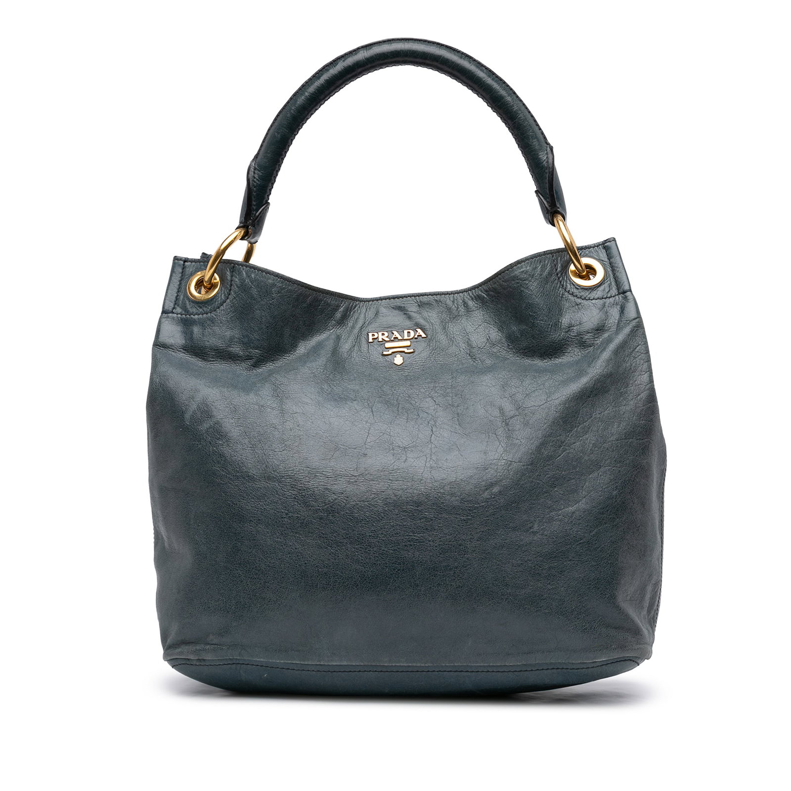 Blue Leather Hobo Bag by Prada Vitello Daino Collection: Blue Leather Hobo Bag by Prada Vitello Daino Collection This Prada Vitello Daino Hobo is crafted from blue leather and features a rolled leather handle, an open top with magnetic snap closure, and int