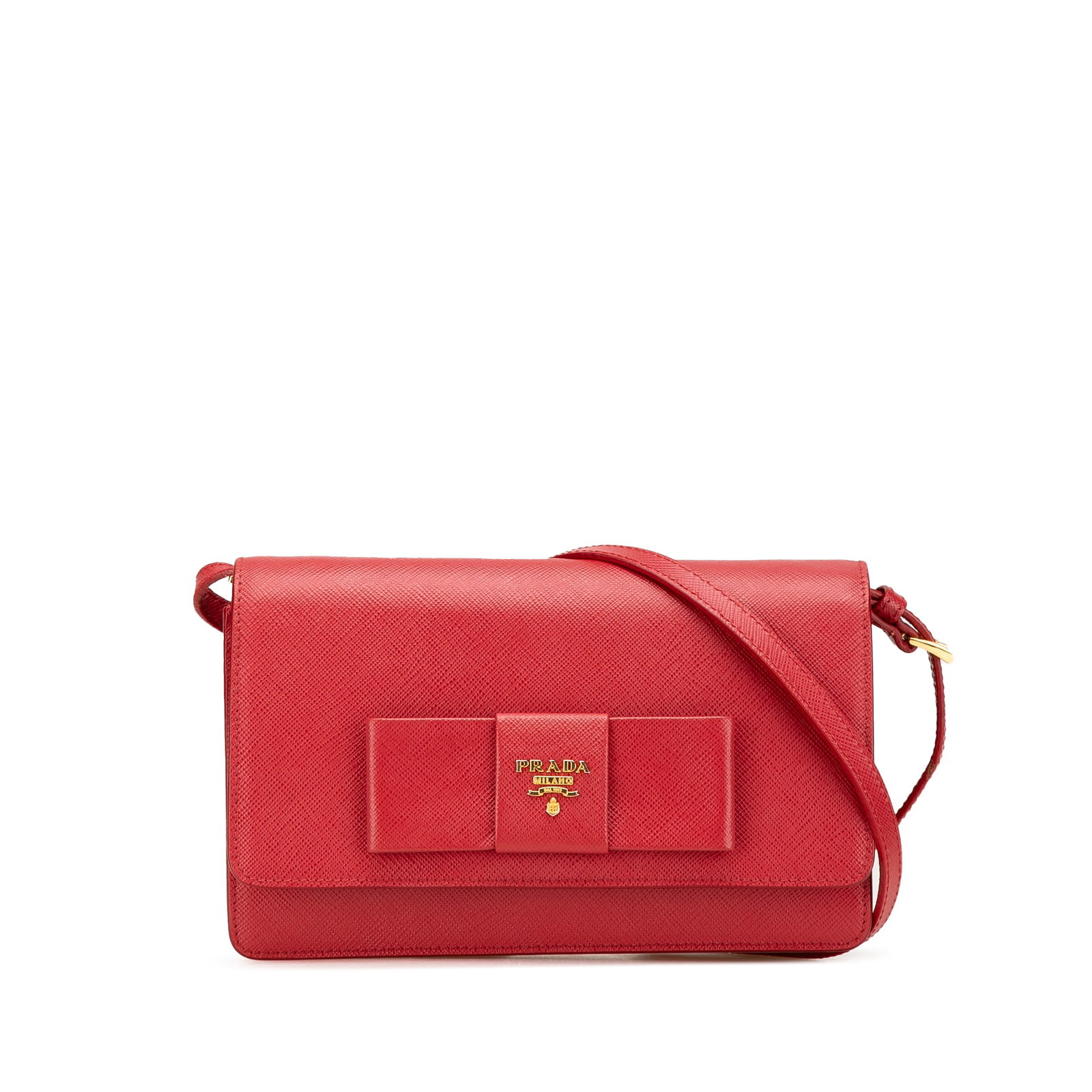Prada Saffiano Lux Bow Red Leather Wallet With Strap: Prada Saffiano Lux Bow Red Leather Wallet With Strap This Prada Saffiano Lux Bow Wallet On Strap is crafted from saffiano leather in red and features a flat strap, a front flap with snap closures, int