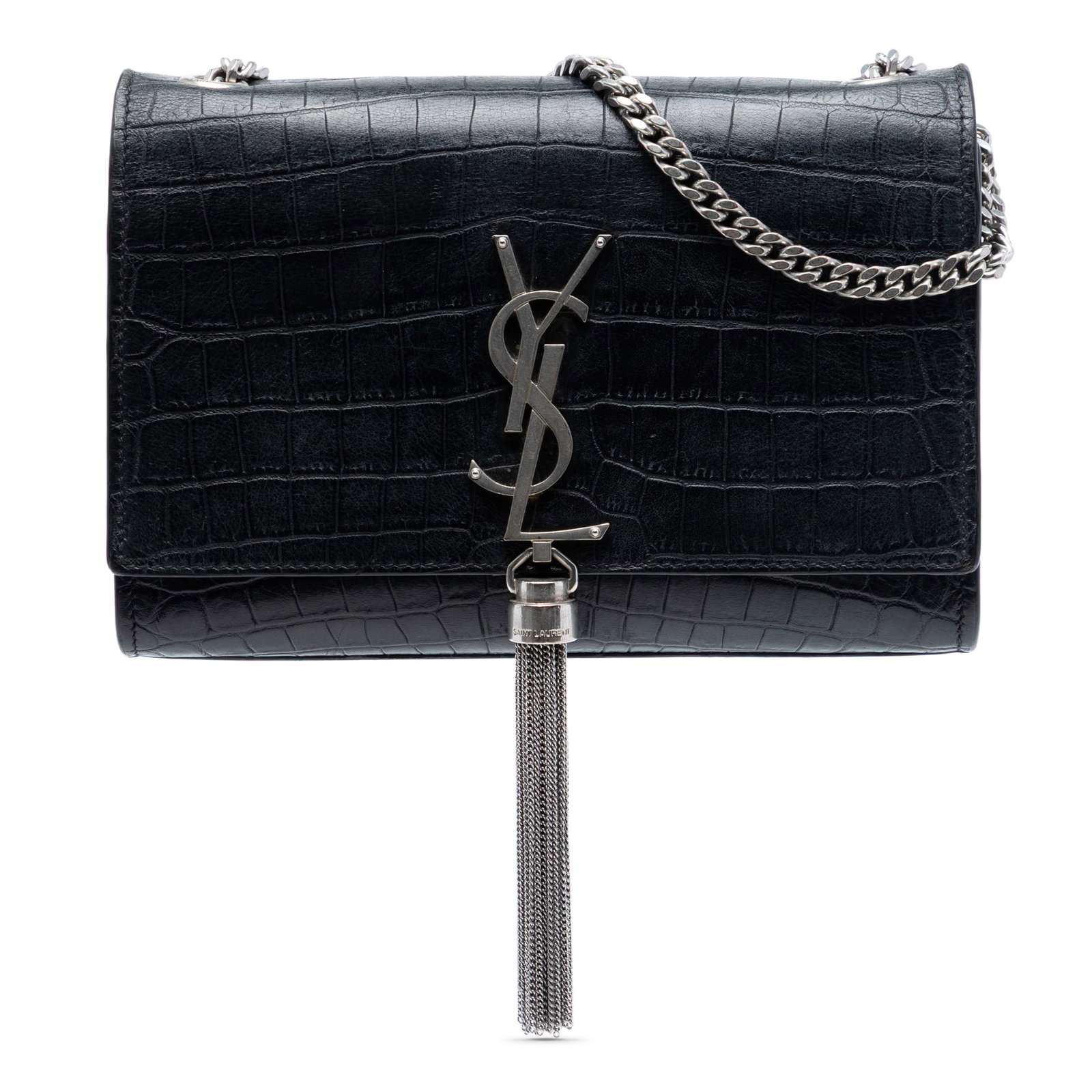 Black Croc Embossed Leather Kate Wallet on Chain with Tassel by Saint Laurent: Black Croc Embossed Leather Kate Wallet on Chain with Tassel by Saint Laurent This Saint Laurent Kate wallet on chain showcases a crocodile-embossed black leather exterior with a signature tassel deta