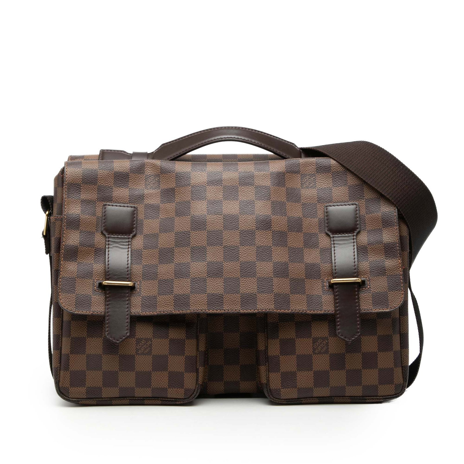Louis Vuitton Broadway Shoulder Bag Damier Ebene Canvas with Leather Trim: Louis Vuitton Broadway Shoulder Bag Damier Ebene Canvas with Leather Trim The Louis Vuitton Damier Ebene Broadway features a brown Damier Ebene canvas body accented with leather trim, a flat leather t