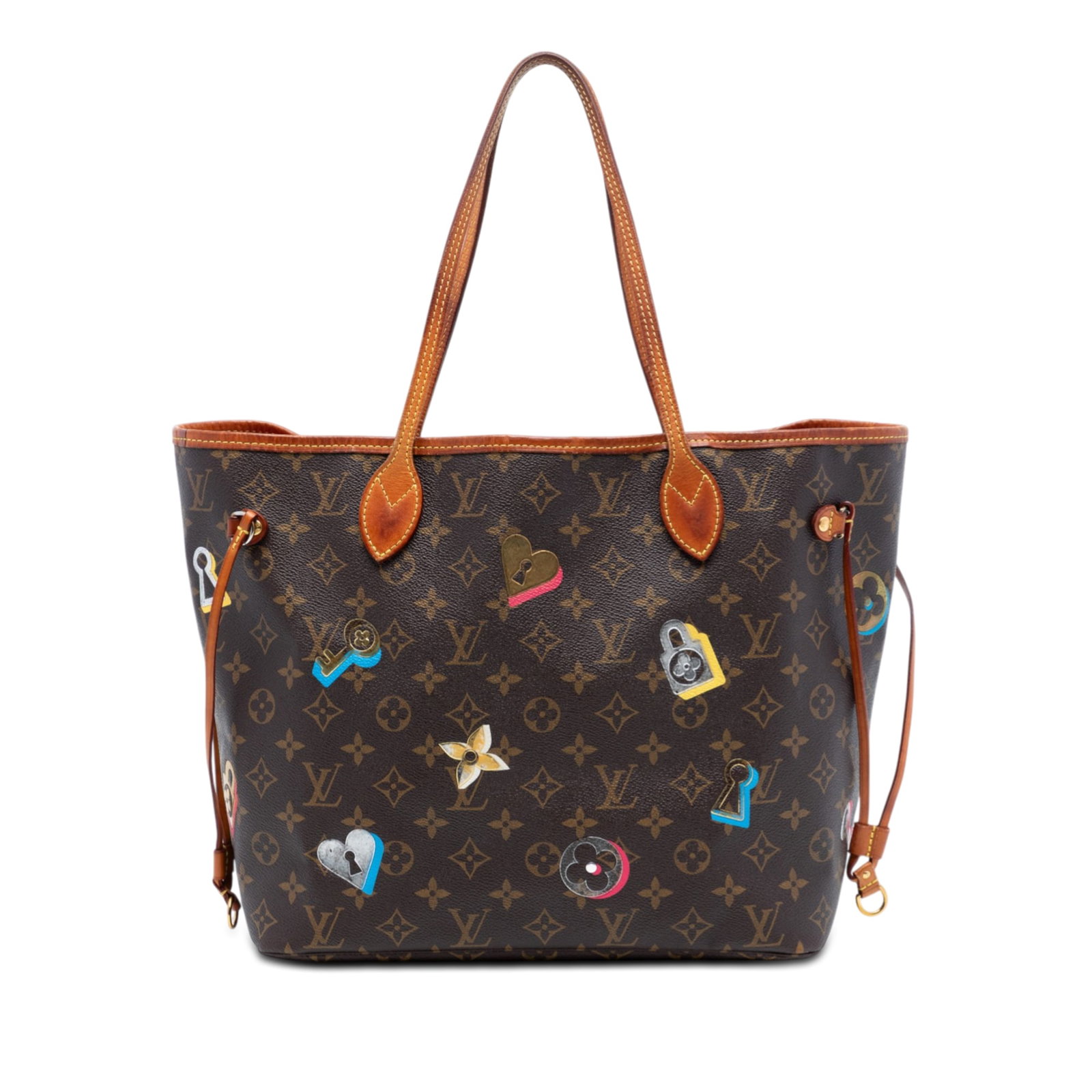 Louis Vuitton Neverfull MM Monogram Canvas Love Lock Tote: Louis Vuitton Neverfull MM Monogram Canvas Love Lock Tote This Louis Vuitton Monogram Love Lock Neverfull MM features a classic monogram canvas body complemented by vachetta leather trim and flat vach