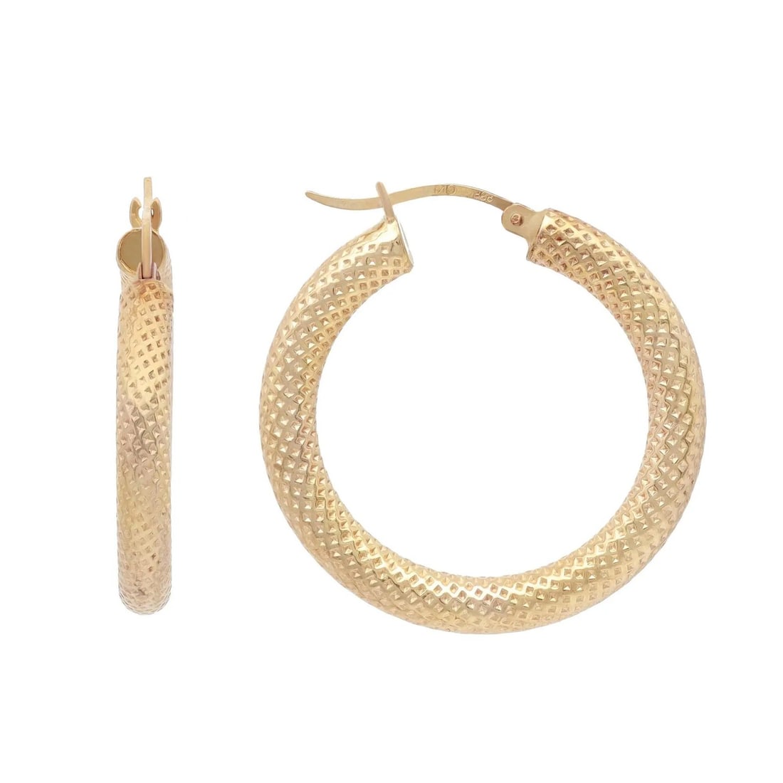 Rachel Koen 14K Yellow Gold Textured Round Hollow Hoop Earrings: Rachel Koen 14K Yellow Gold Textured Round Hollow Hoop Earrings Elevate your style with these stunning textured round hollow hoop earrings, expertly crafted from luxurious 14K yellow gold. Their uniqu