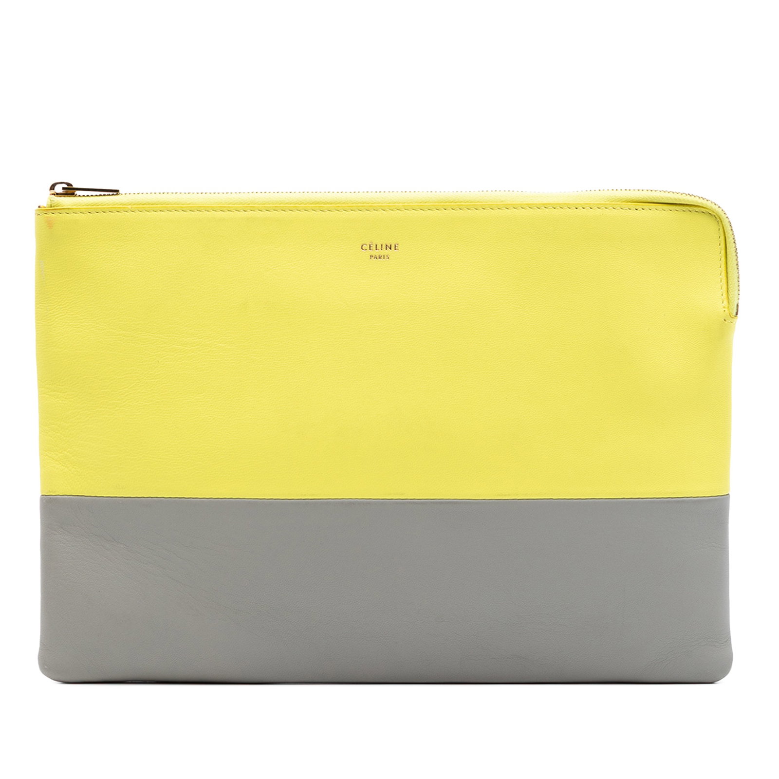 Celine Solo Clutch Yellow Leather Bicolor with Zip Top: Celine Solo Clutch Yellow Leather Bicolor with Zip Top This Celine Bicolor Leather Solo Clutch features a yellow leather body with a top zip closure and interior slip pockets. The bag shows some signs