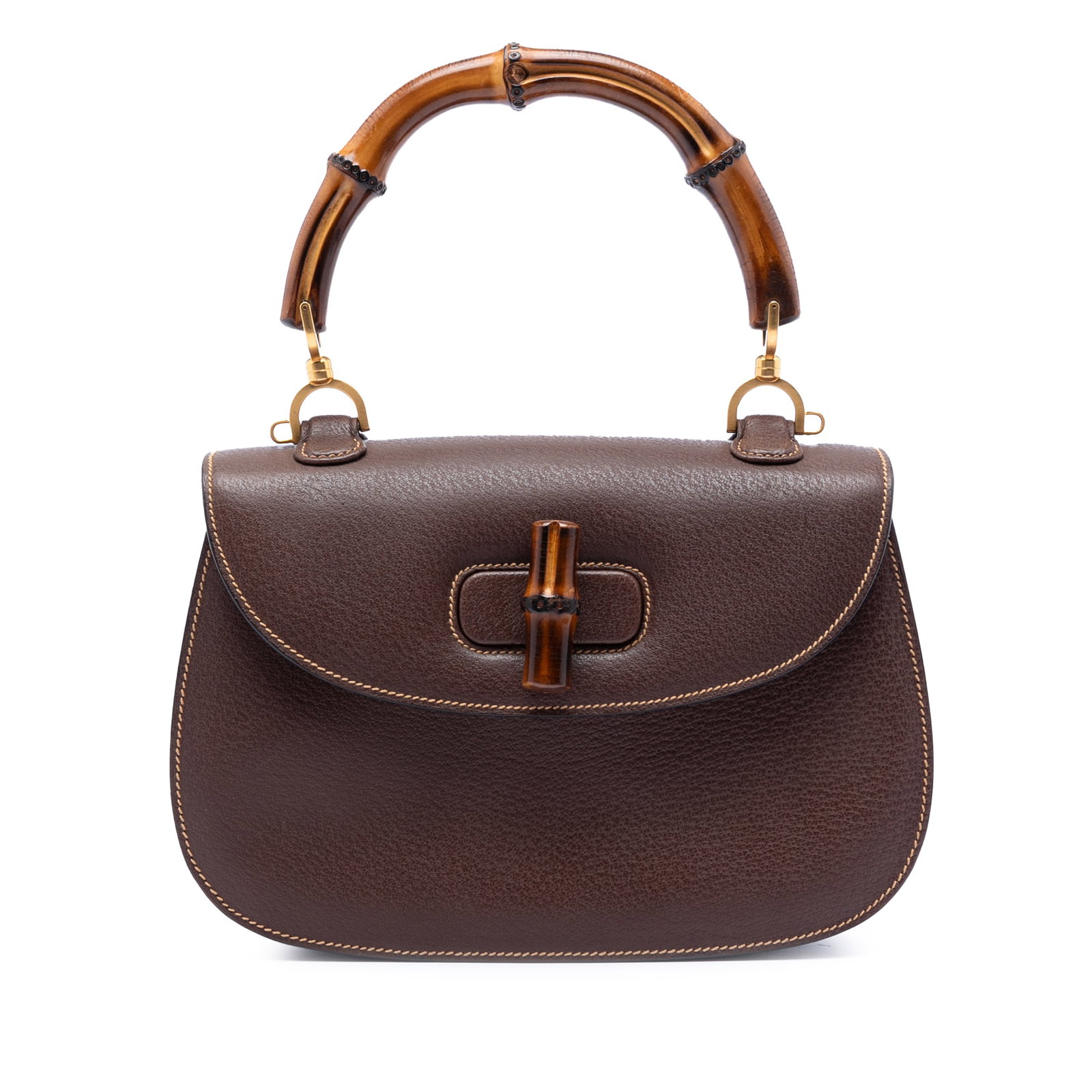 Gucci Bamboo Top Handle Leather Satchel Medium: Gucci Bamboo Top Handle Leather Satchel Medium This Gucci Medium Calfskin Bamboo Top Handle Bag is crafted from brown leather and features a distinctive bamboo top handle and a flap closure with a bam