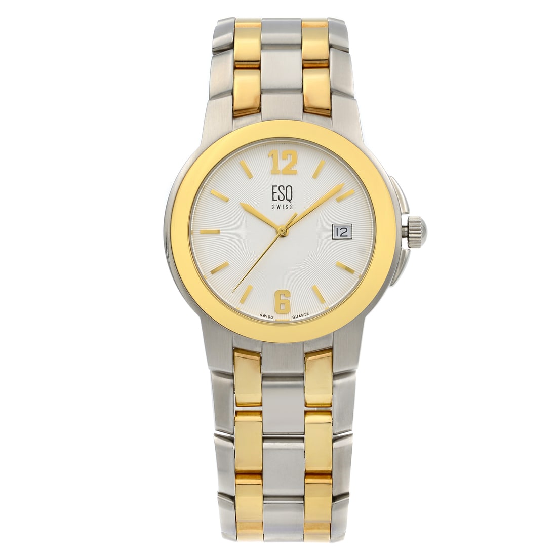 ESQ Swiss Two-Tone Quartz Men's Dress Watch Silver Dial Gold Bezel: ESQ Swiss Two-Tone Quartz Men's Dress Watch Silver Dial Gold Bezel This ESQ Swiss Men's Dress Watch combines a classic aesthetic with modern functionality. Featuring a two-tone stainless steel case wi