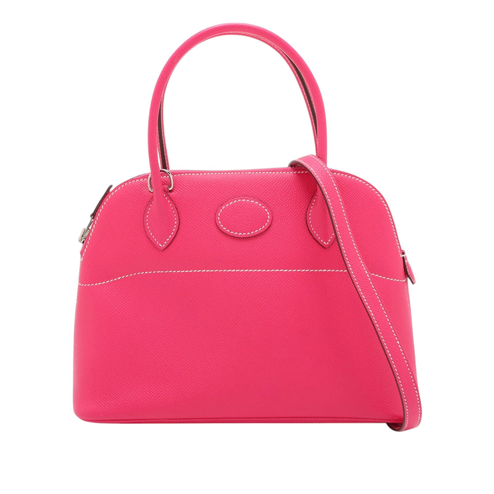 Hermes Bolide 27 Rose Tyrien Epsom Leather Bag: Hermes Bolide 27 Rose Tyrien Epsom Leather Bag This Hermes Bolide 27 handbag is crafted from Epsom leather in the Rose Tyrien color. It features rolled leather handles, a detachable flat leather strap